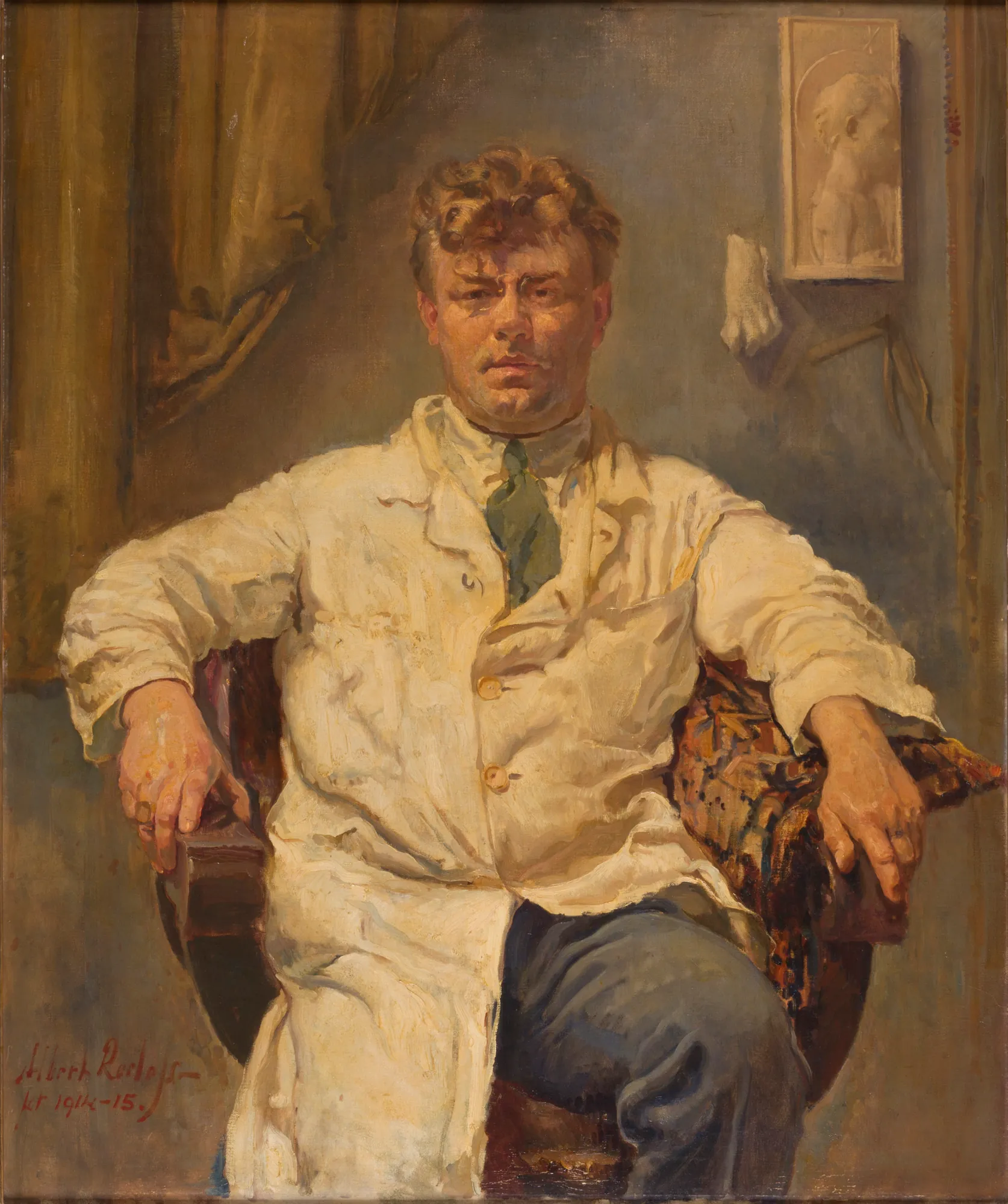 Toon Dupuis, Sculptor Toon Dupuis, Sculptor by Albert Roelofs. A portrait of a man with ruffled hair sitting in a dark wooden chair, wearing a long white artist's smock over a green tie and blue trousers.