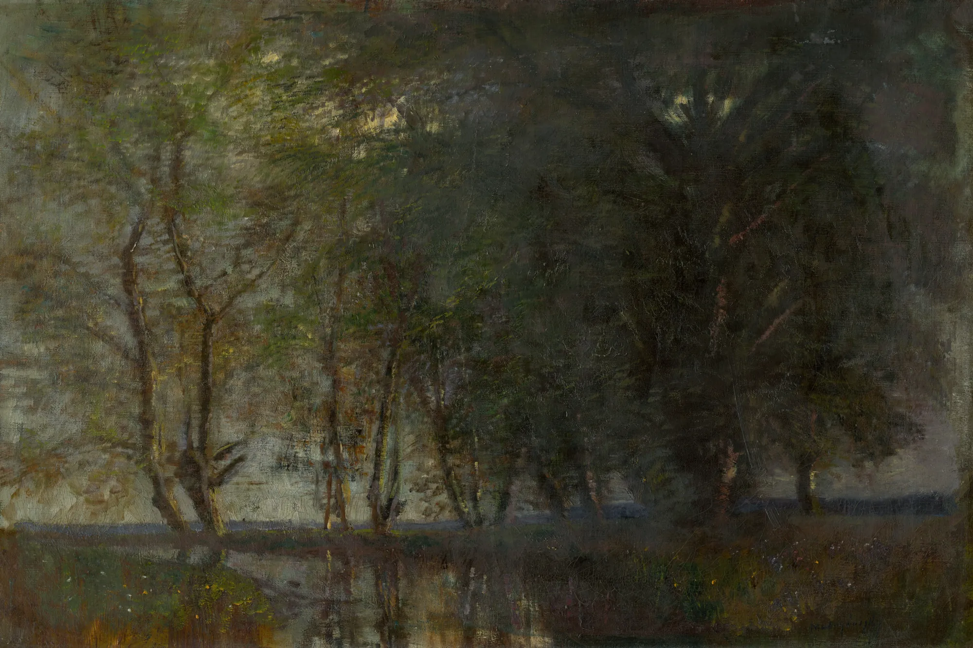 Trees by the Váh Trees by the Váh by László Mednyánszky. A group of slender, vertical trees stand against a dark, atmospheric riverbank under an overcast sky.