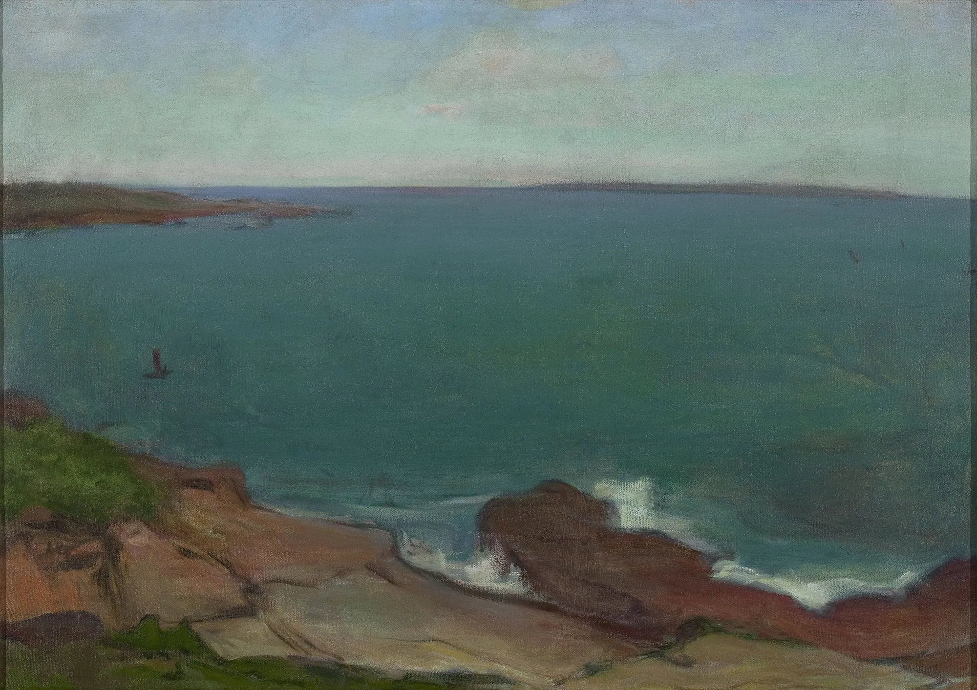 Marine Landscape with a Small Boat Marine Landscape with a Small Boat by Władysław Ślewiński. A calm, atmospheric seascape featuring an expanse of greenish-blue water viewed from a reddish rocky coast under a soft, hazy sky.