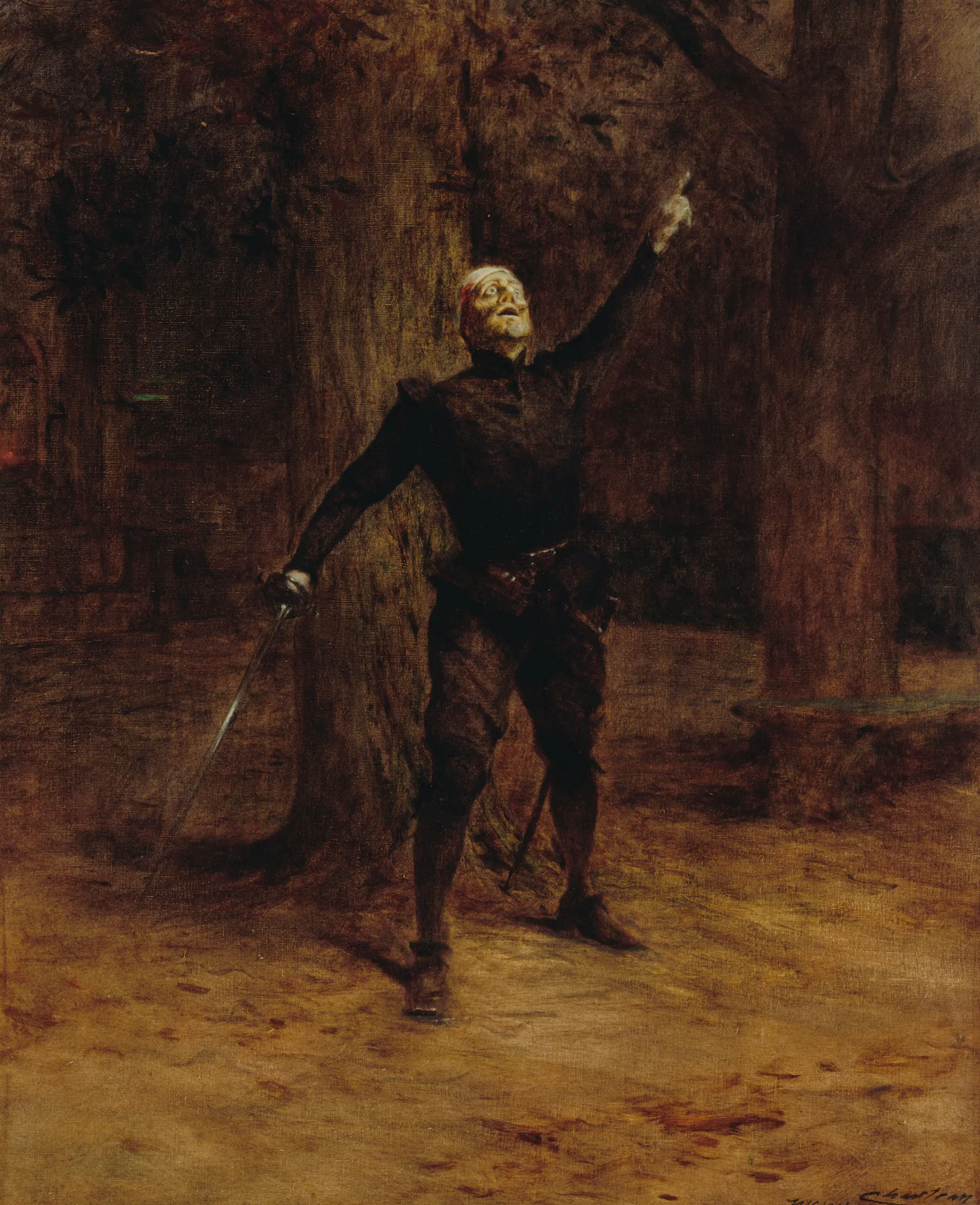 Constant Coquelin as Cyrano de Bergerac Constant Coquelin as Cyrano de Bergerac by Théobald Chartran. A dramatic portrait of a man in 17th-century theatrical costume holding a sword and pointing upward in a dark forest.