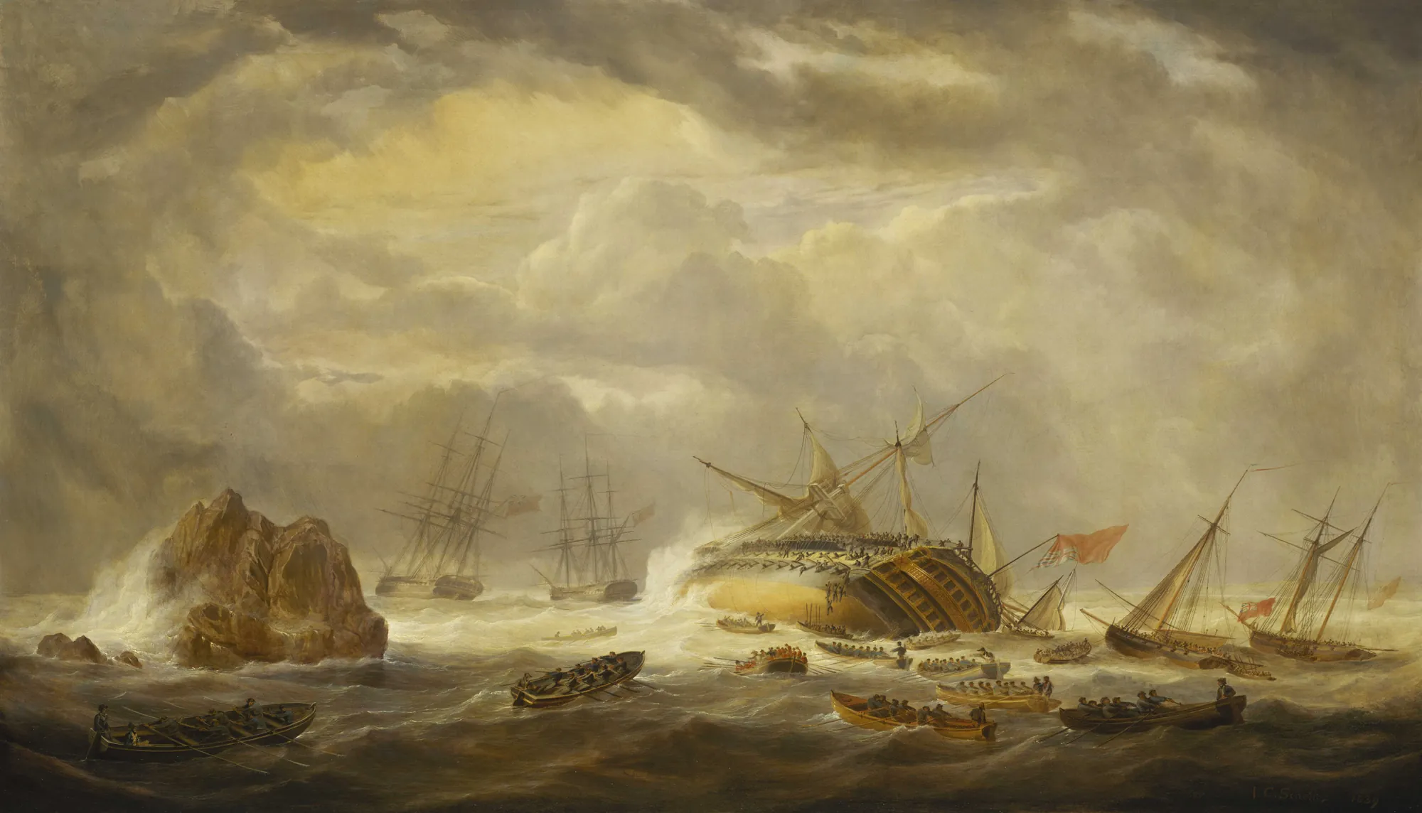 Loss of the 'Magnificent', 25 March 1804 Loss of the 'Magnificent', 25 March 1804 by John Christian Schetky. A large British warship tilts precariously near a rocky outcrop, surrounded by numerous rescue lifeboats and other sailing vessels under a tumultuous, sun-streaked sky.