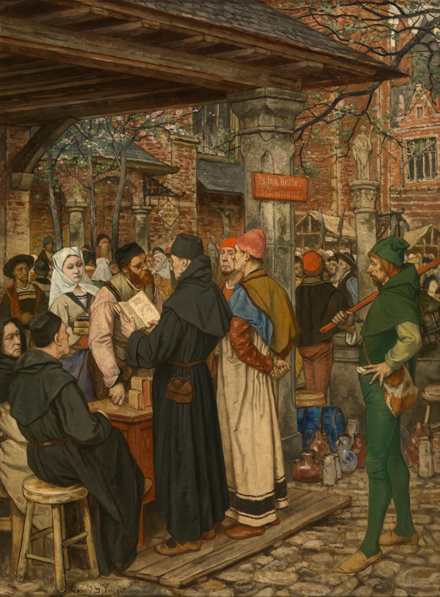 Jan Brito, Inventor of Printing in Bruges Jan Brito, Inventor of Printing in Bruges by Albrecht De Vriendt. A detailed historical painting depicting Jan Brito and a group of figures gathered around a book stall in a medieval town square.