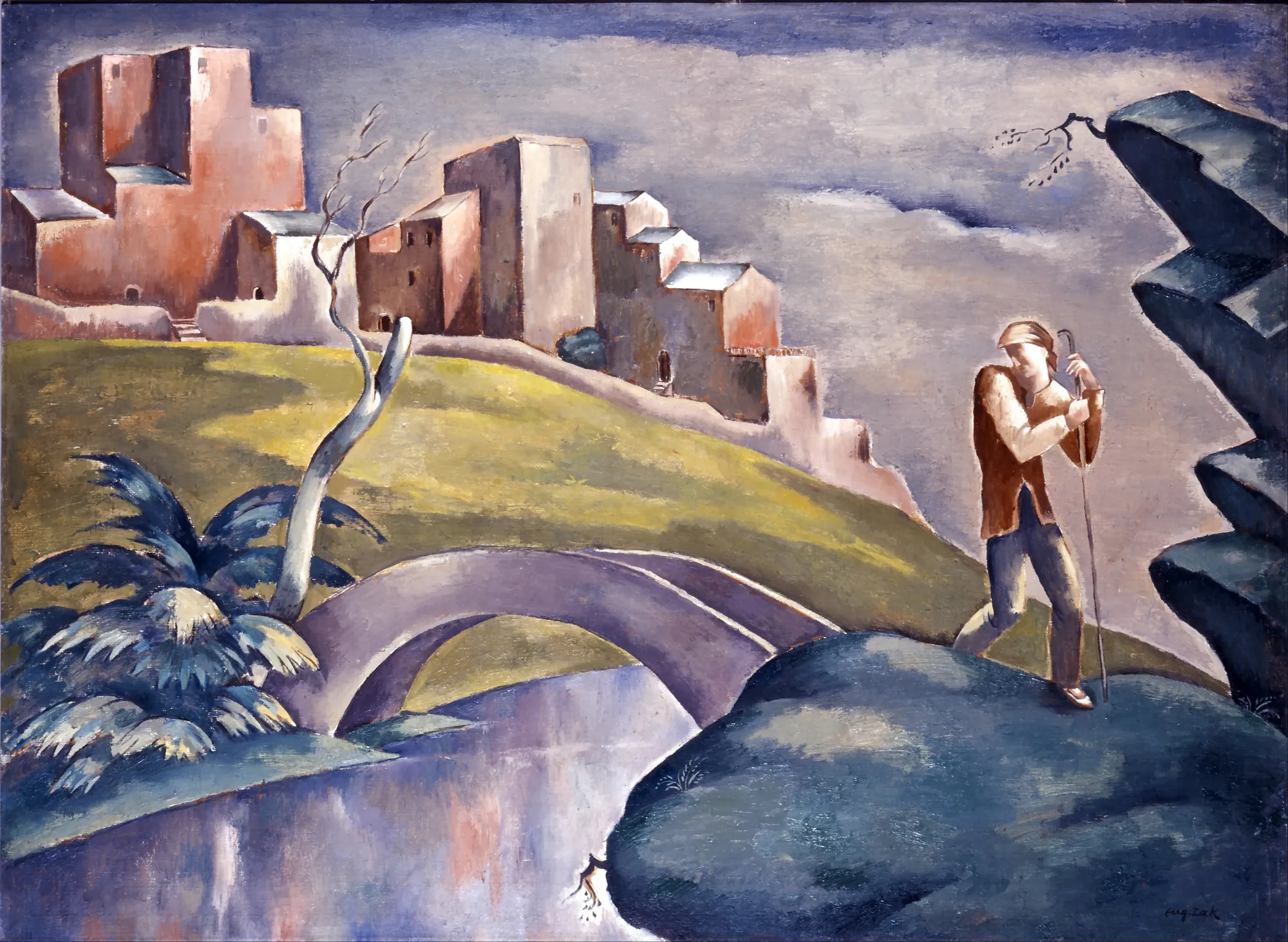 Landscape with a Wanderer Landscape with a Wanderer by Eugeniusz Zak. A stylized modernist painting showing a solitary traveler with a walking stick standing on dark blue rocks overlooking a river and a cluster of geometric buildings on a distant hill.