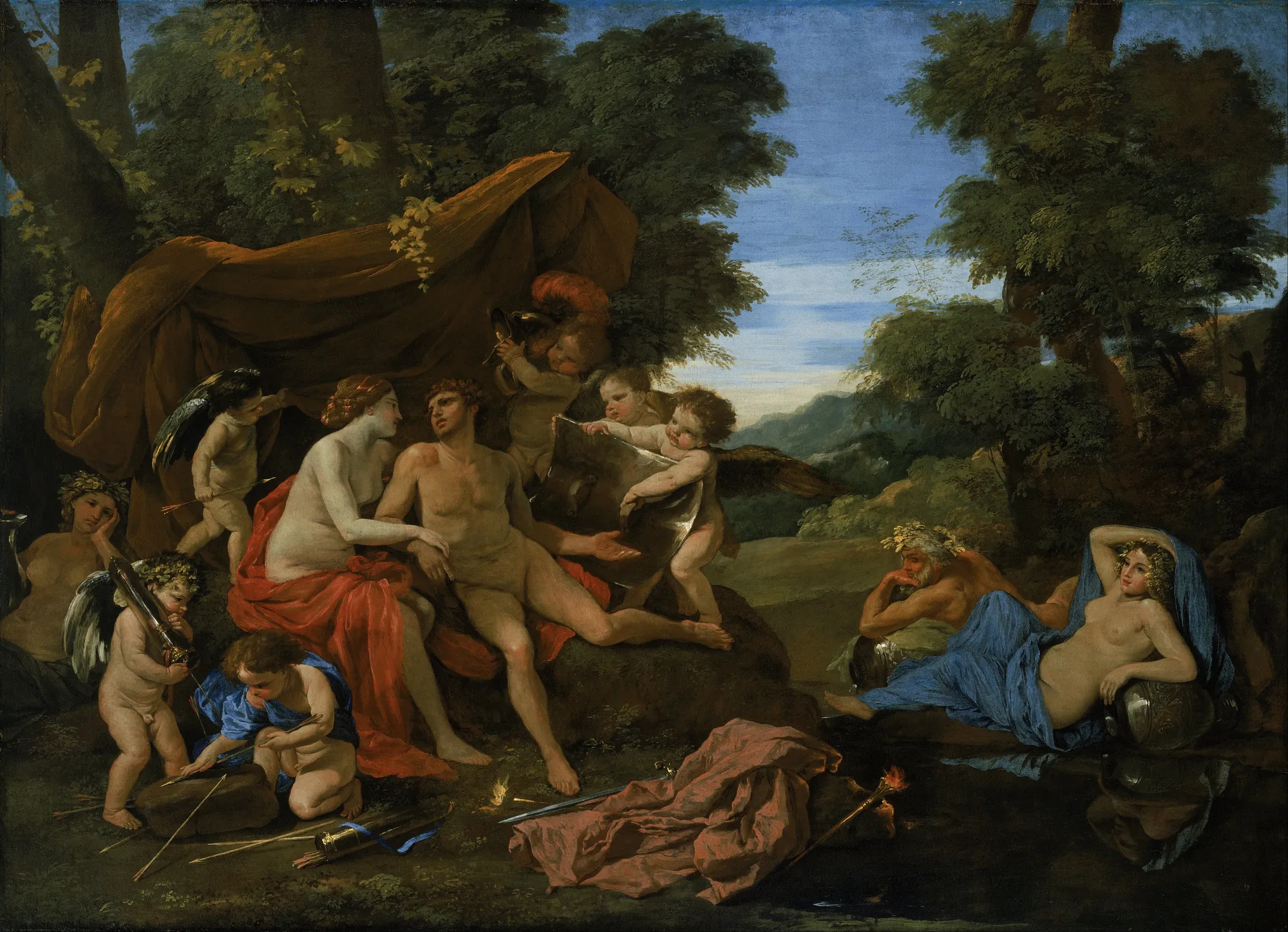 Mars and Venus Mars and Venus by Nicolas Poussin. A group of mythological figures and cupids interact within a lush, wooded landscape under a draped canopy.