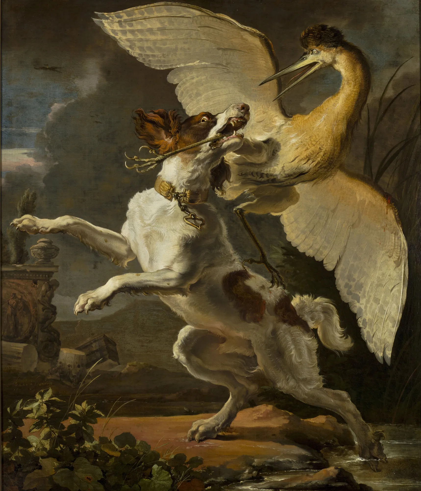 Fight Between a Dog and a Heron Fight Between a Dog and a Heron by Abraham Hondius. A high-drama Baroque painting depicting an intense struggle between a brown and white spaniel-type dog and a large heron with outstretched wings.