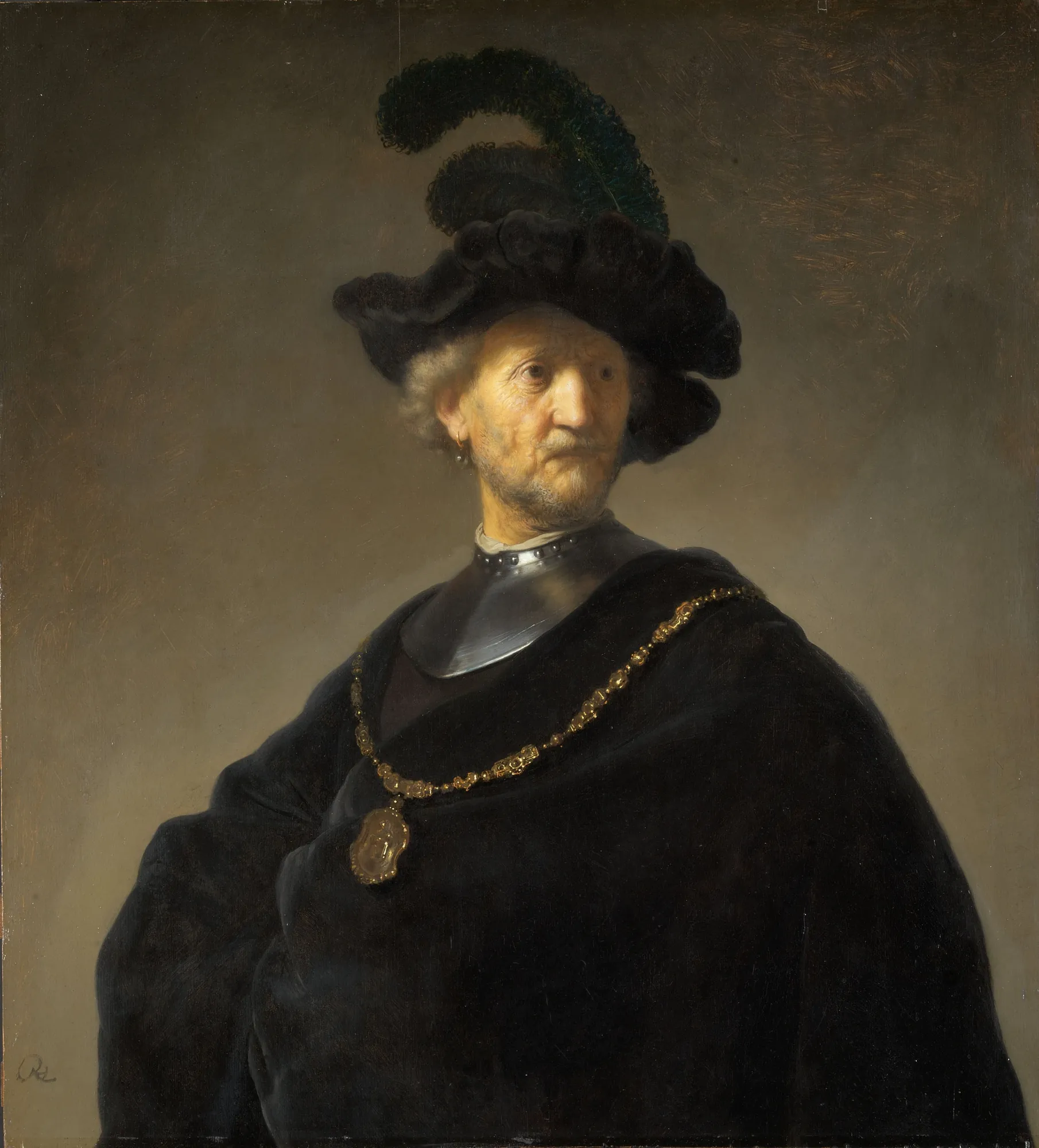 Old Man with a Gold Chain Old Man with a Gold Chain by Rembrandt. A dignified portrait of an elderly man with a white beard, wearing a feathered black hat and a steel gorget with a prominent gold chain.