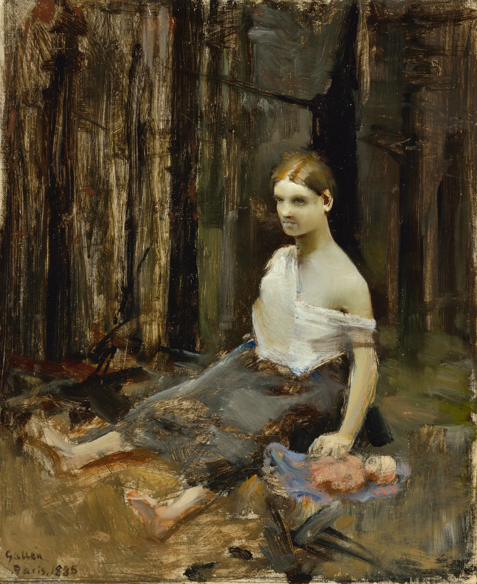 The Clandestine Birth The Clandestine Birth by Akseli Gallen-Kallela. A young woman in a white top and dark skirt sits on the ground in a shadowy interior next to an infant.