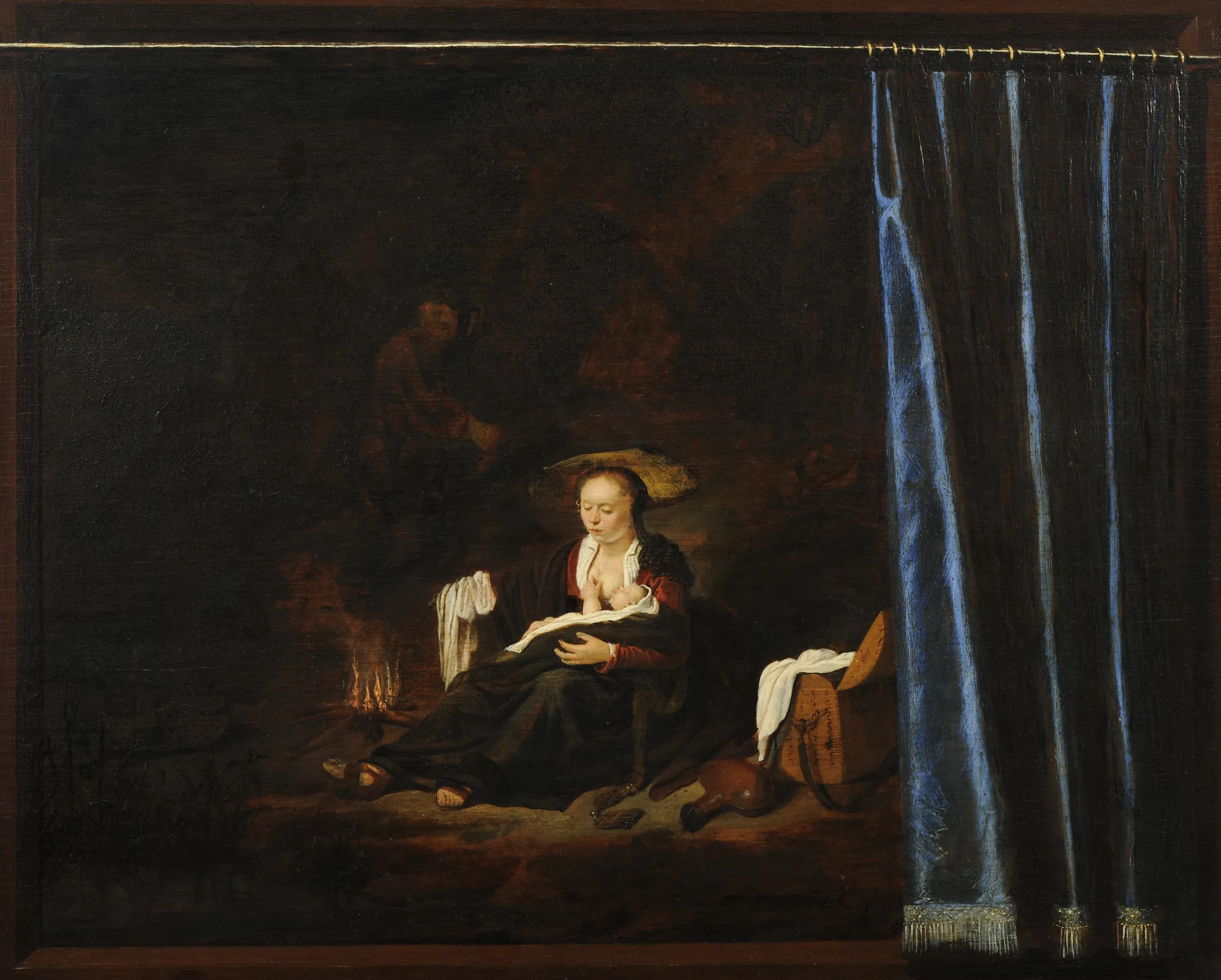 Rest on the Flight into Egypt Rest on the Flight into Egypt by Adriaen van Gaesbeeck. A nursing mother and infant sit by a small campfire at night, viewed through a painted wooden window frame with a blue curtain drawn to the side.