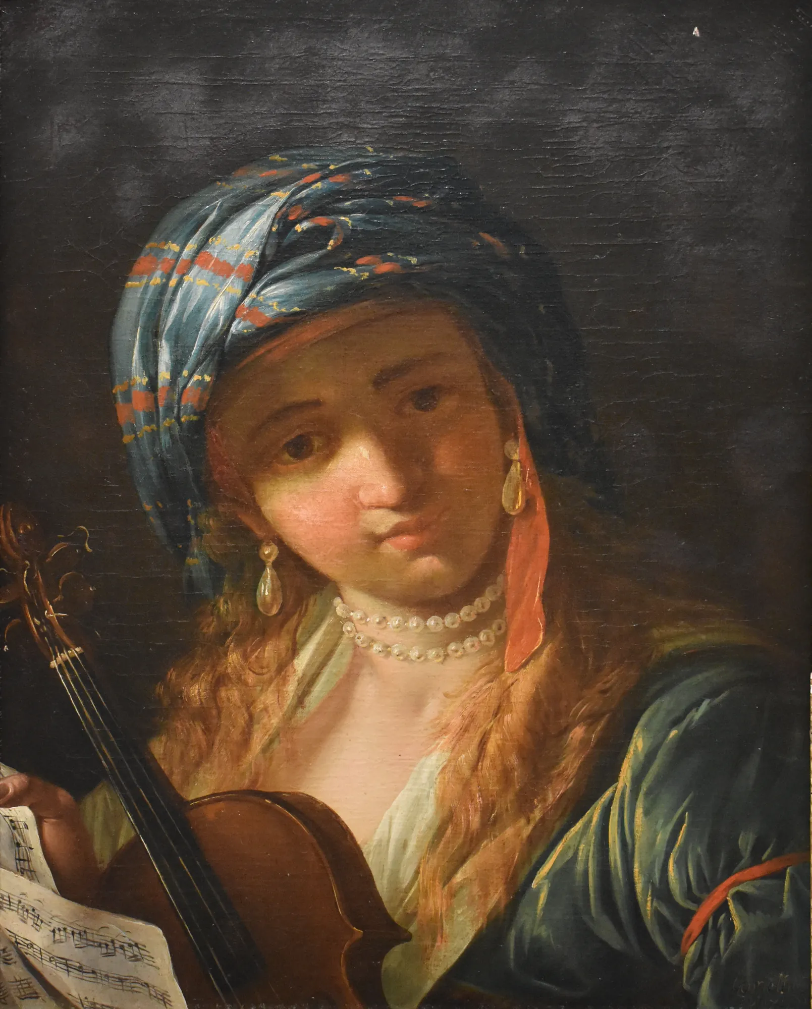 Saint Cecilia Saint Cecilia by Jacques Gamelin. An 18th-century oil portrait of a young woman wearing a blue turban and pearls, holding a violin and sheet music.