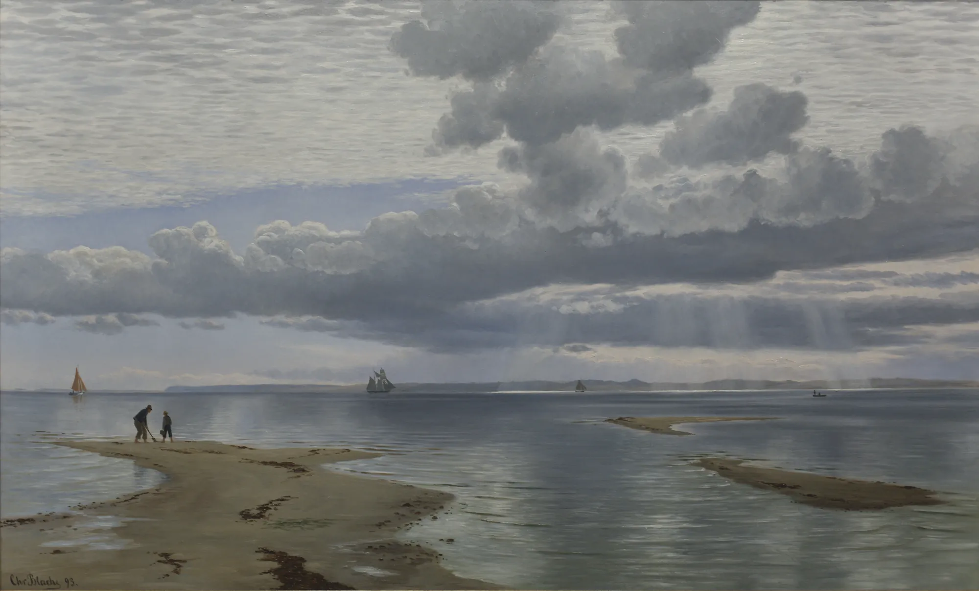 Quiet Afternoon over the Lynæs Sandbanks Quiet Afternoon over the Lynæs Sandbanks by Christian Blache. A peaceful coastal landscape featuring a vast cloudy sky with sunbeams shining onto calm waters and distant sailboats.