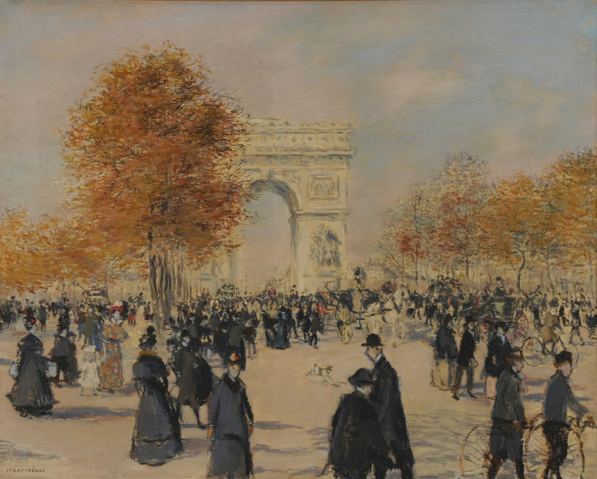 Les Champs-Élysées Les Champs-Élysées by Jean-François Raffaëlli. An Impressionist street scene depicting a large crowd of pedestrians, cyclists, and carriages on the Champs-Élysées with the Arc de Triomphe in the background.