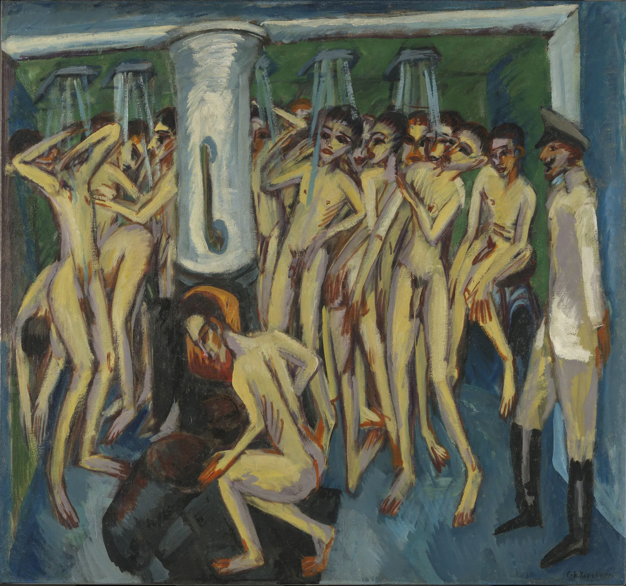 Artillerymen in the Shower Artillerymen in the Shower by Ernst Ludwig Kirchner. A group of angular, slender nude men shower in a cramped, green-walled communal room under the watch of a uniformed officer.