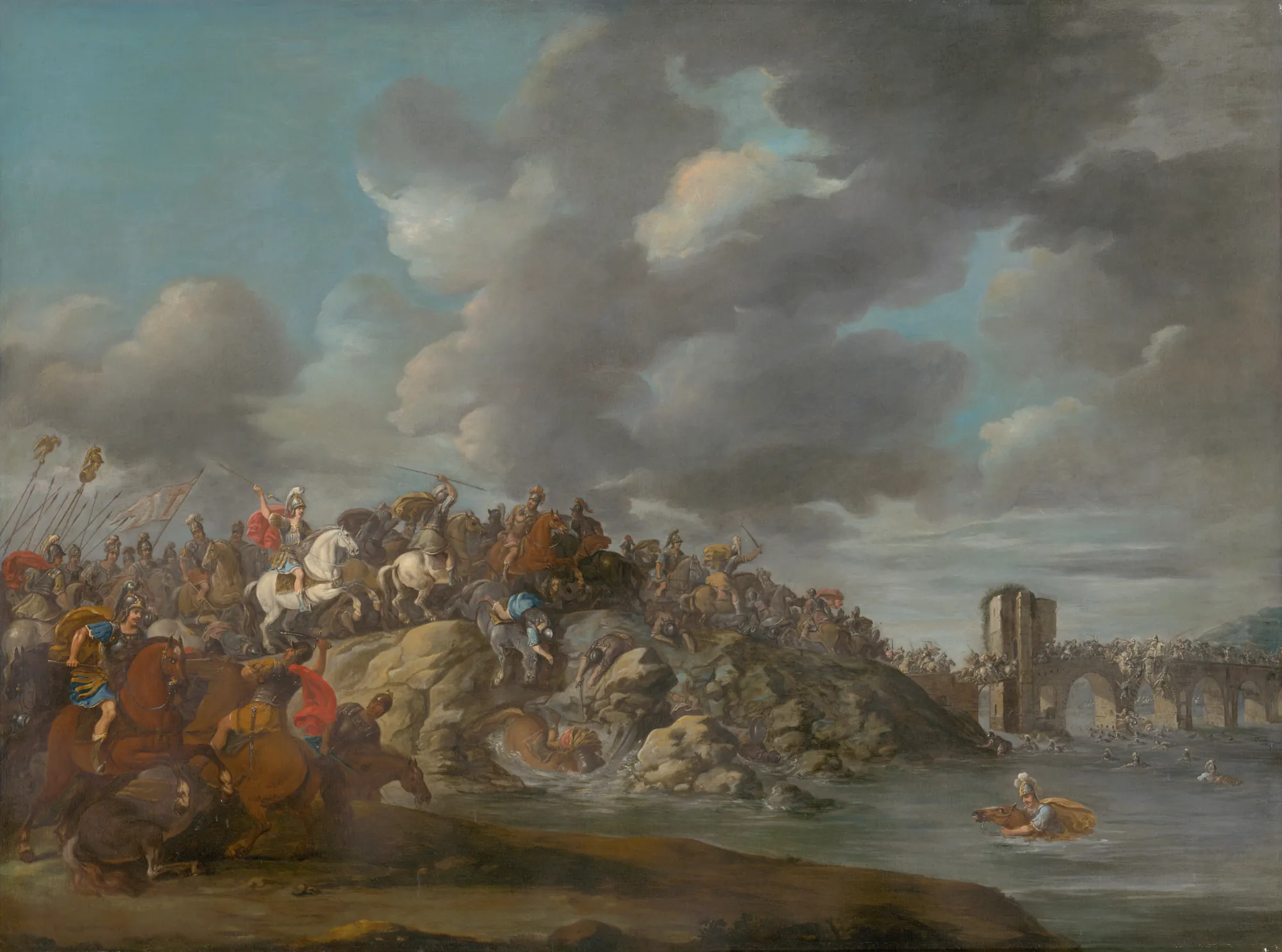 Battle Scene I Battle Scene I by Unknown Artist. A dynamic oil painting of a cavalry battle taking place on a rocky riverbank near a stone bridge under a vast, stormy sky.