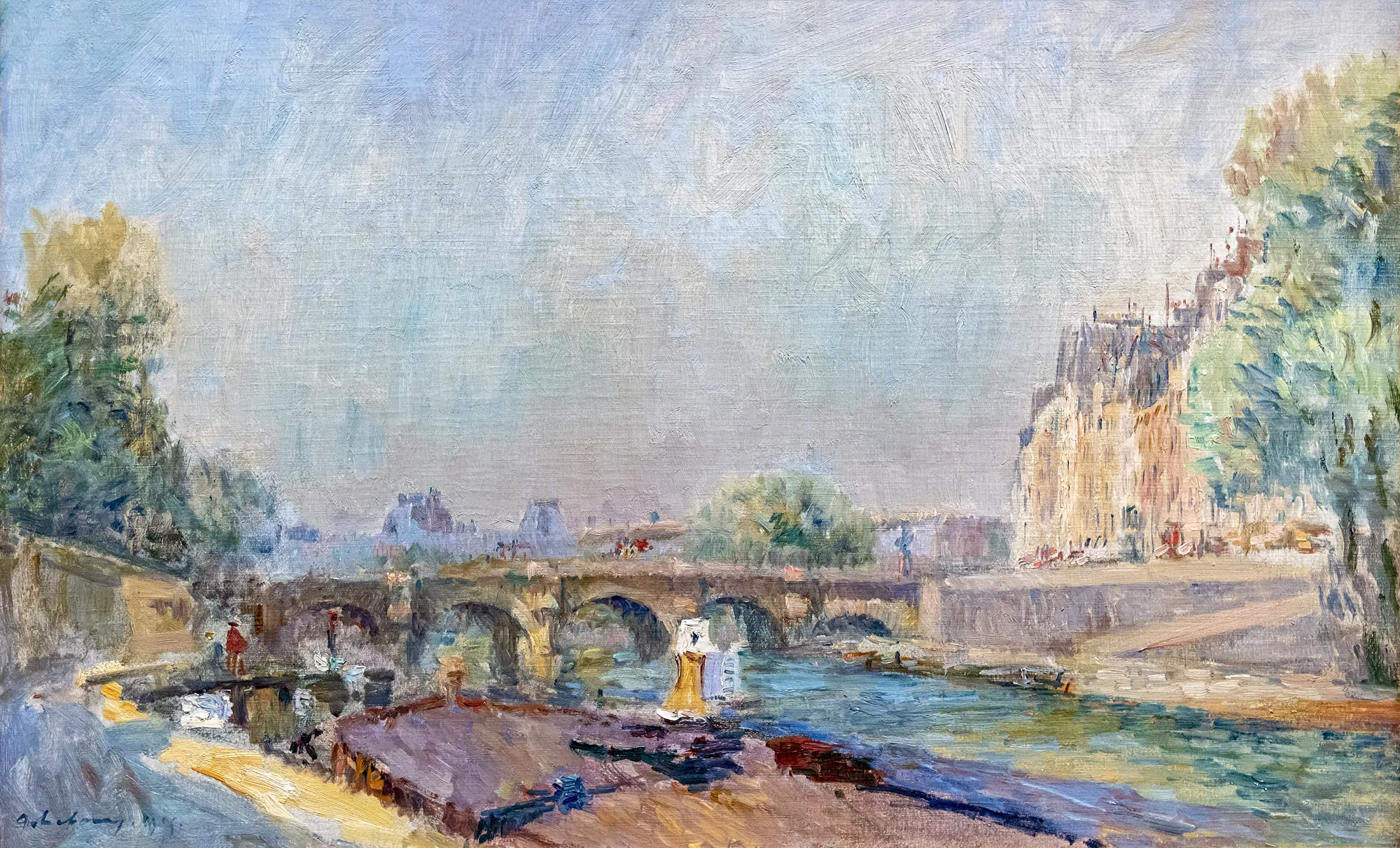 Le Pont Neuf et la Seine Le Pont Neuf et la Seine by Albert Lebourg. An Impressionist oil painting depicting the Pont Neuf bridge spanning the Seine river in Paris under a pale, luminous sky.