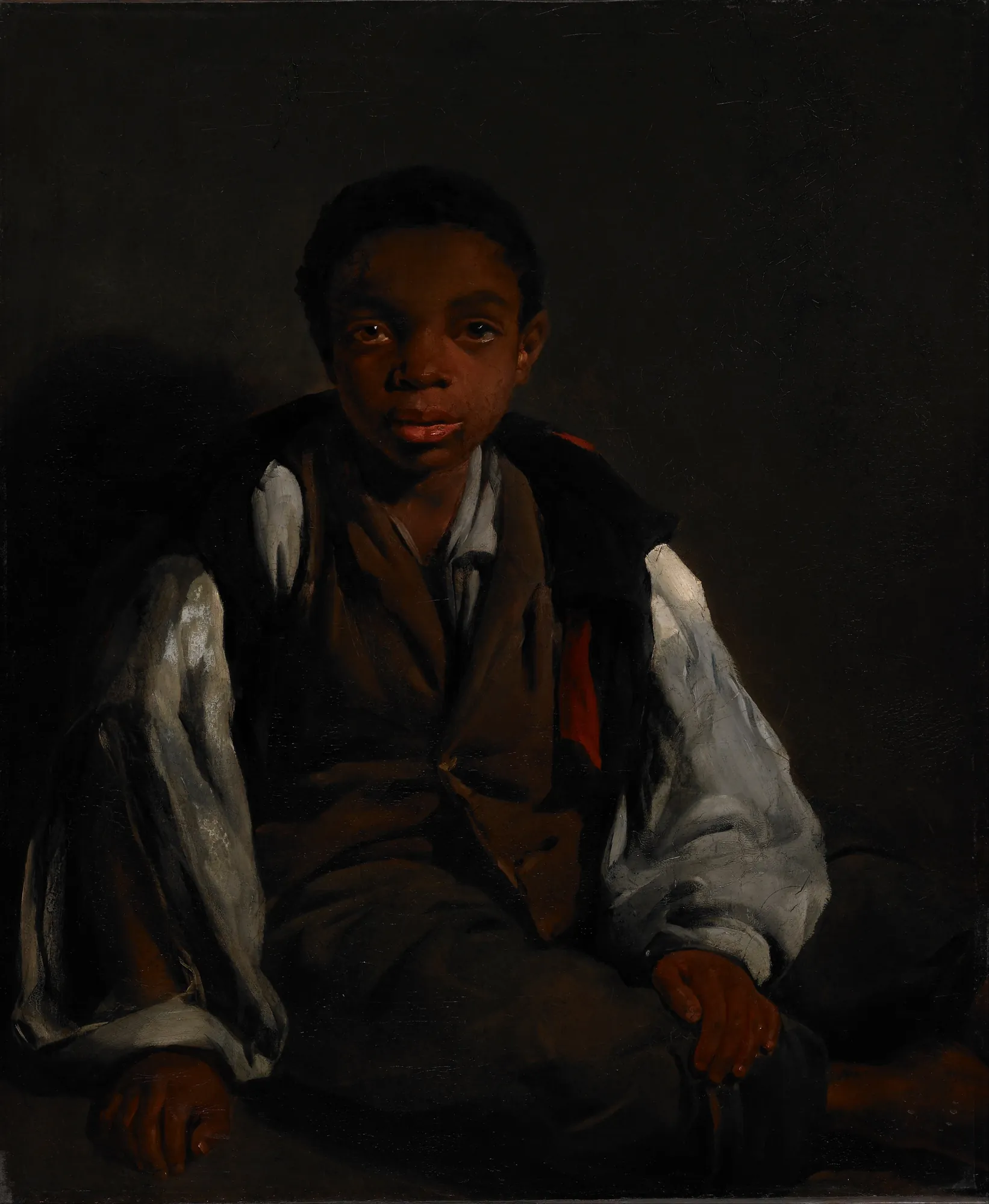 The Black Boy The Black Boy by William Lindsay Windus. A seated young Black boy in 19th-century attire is depicted in a high-contrast, moody portrait.
