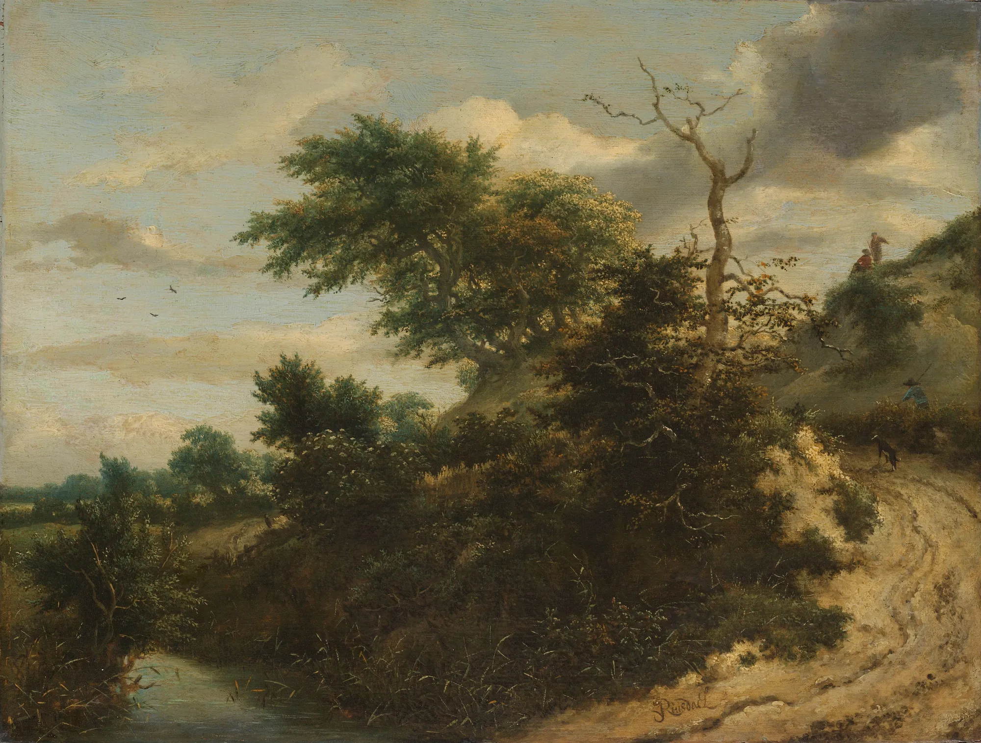 Sandy Track in the Dunes Sandy Track in the Dunes by Jacob van Ruisdael. A dirt path meanders through sunlit dunes and thick clusters of trees under a vast, cloud-filled sky.