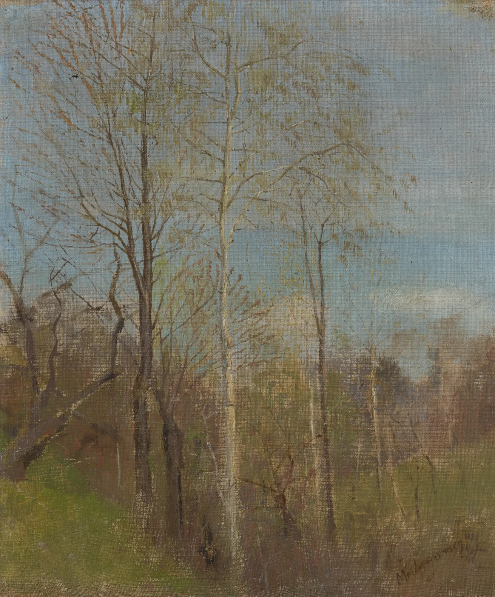 Spring Motif Spring Motif by László Mednyánszky. Slender, budding trees stand in an early spring landscape under a hazy blue sky.