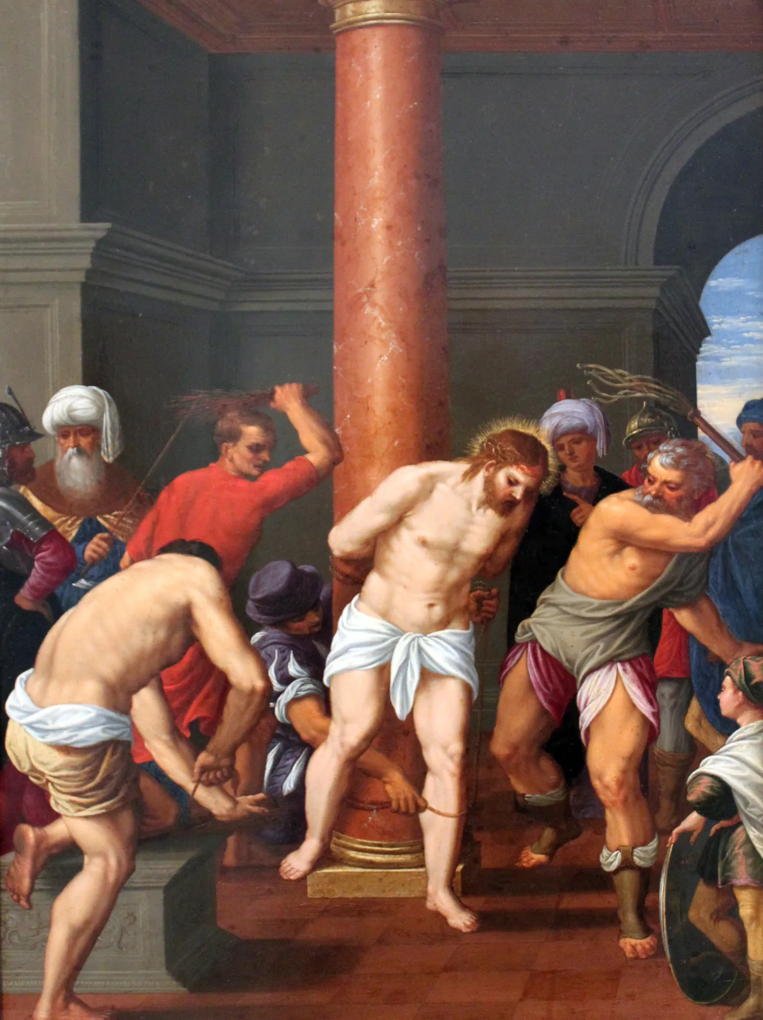 Flagellation of Christ Flagellation of Christ by Johann König. Jesus Christ stands bound to a central red marble column while several men surround him with whips and ropes in a vaulted architectural interior.