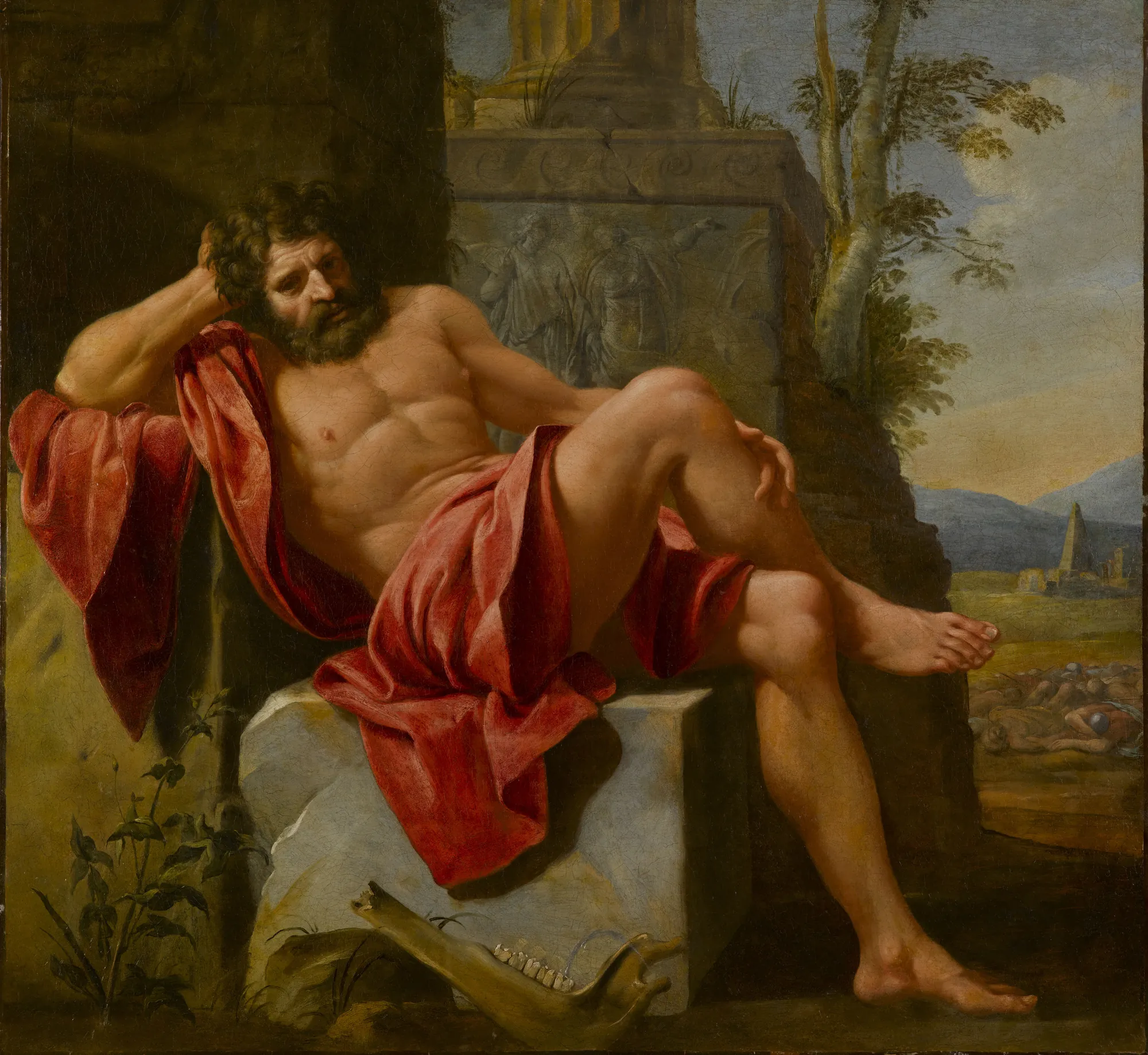 Samson and the Philistines Samson and the Philistines by Michel Corneille the Elder. A muscular man reclining on a stone block, draped in a vibrant red cloth, with a jawbone at his feet and a distant battle scene in the background.