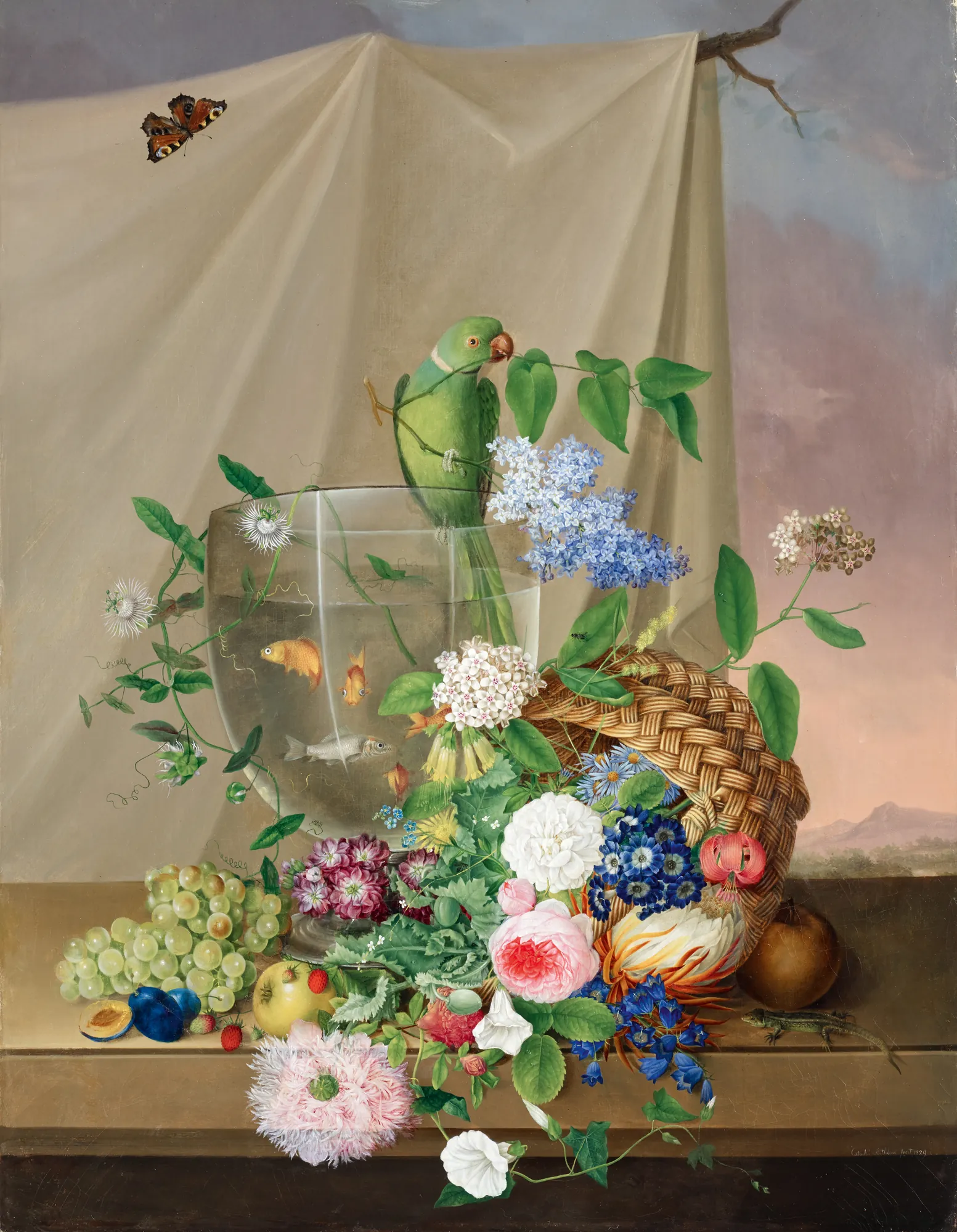Still Life with Flowers, Parrot, and Goldfish