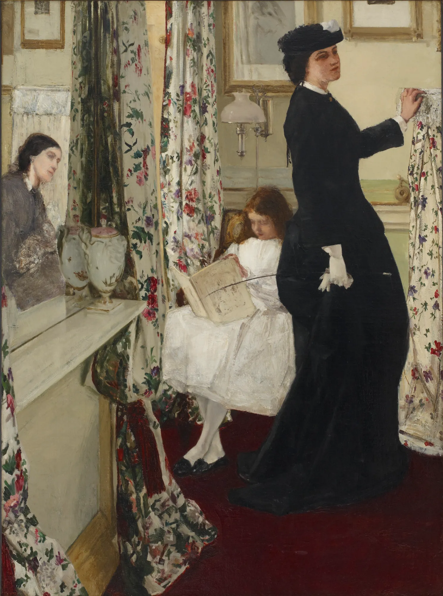 Harmony in Green and Rose: The Music Room Harmony in Green and Rose: The Music Room by James McNeill Whistler. An interior Victorian scene featuring a woman in a black dress, a young girl in white reading, and a mirror reflection framed by floral curtains.
