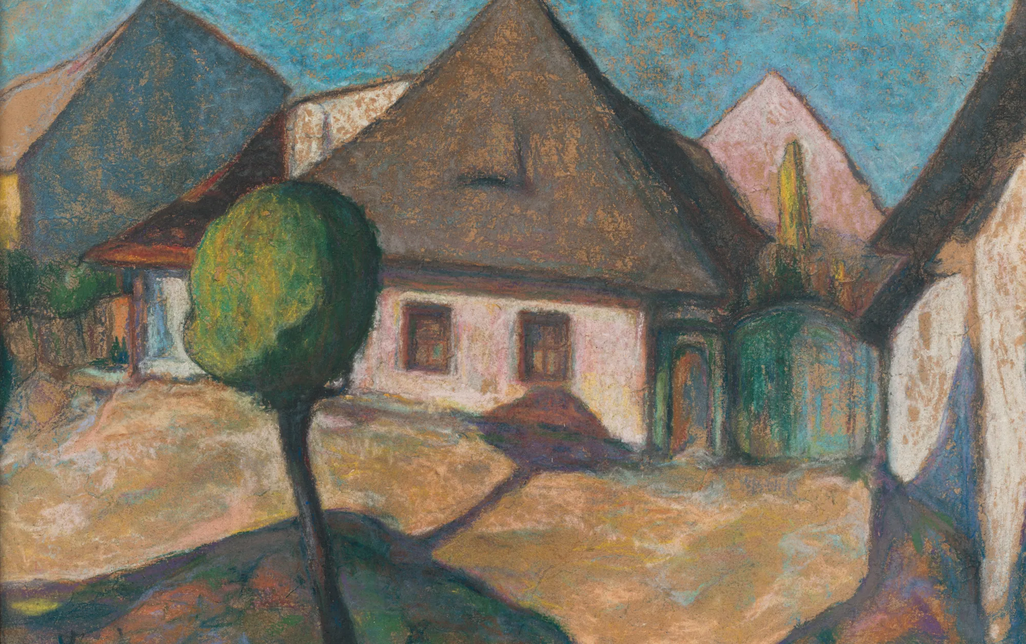Old Košice (Staré Košice) Old Košice (Staré Košice) by Konštantín Kővári-Kačmarik. An expressive painting of sun-drenched houses with steep roofs and a rounded green tree under a bright blue sky.