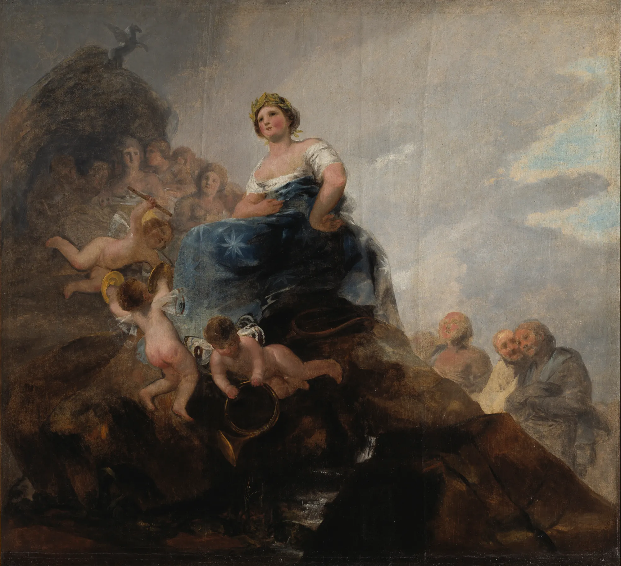 Poetry and Poets Poetry and Poets by Francisco Goya. An allegorical scene featuring a central woman crowned with laurel seated on a rocky outcrop, surrounded by putti and contemplative figures.