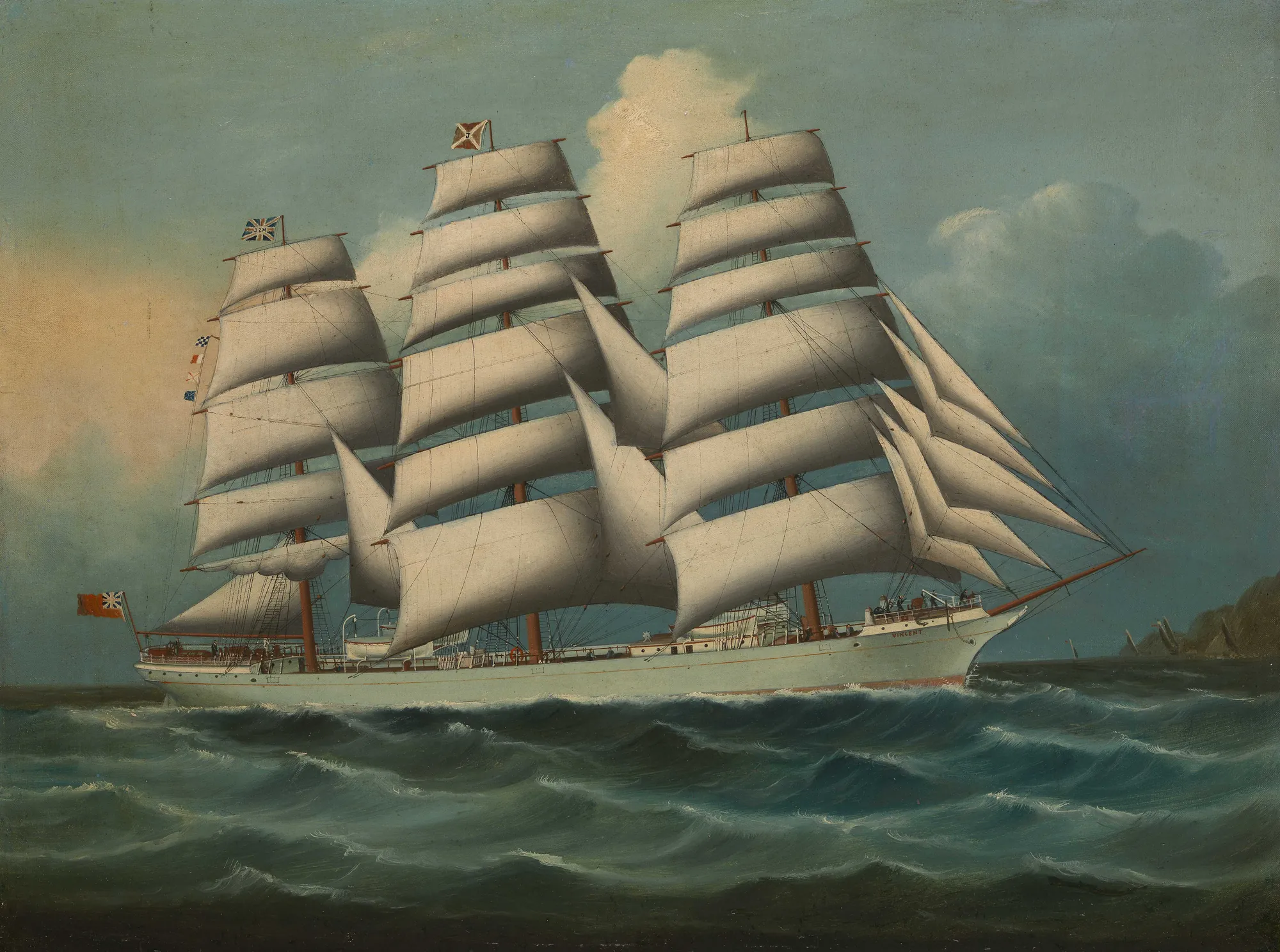 The Ship Vincent The Ship Vincent by Unknown Artist. A three-masted sailing ship with full white sails navigates across a choppy green sea under a pale sky.