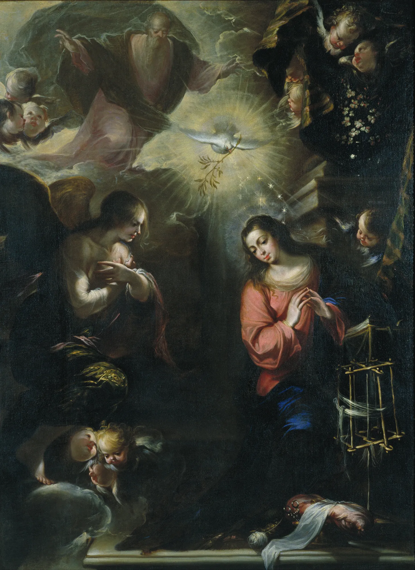 Annunciation Annunciation by Francisco de Solís. A dramatic Baroque depiction of the Virgin Mary and Archangel Gabriel beneath a radiant Holy Spirit and descending God the Father.
