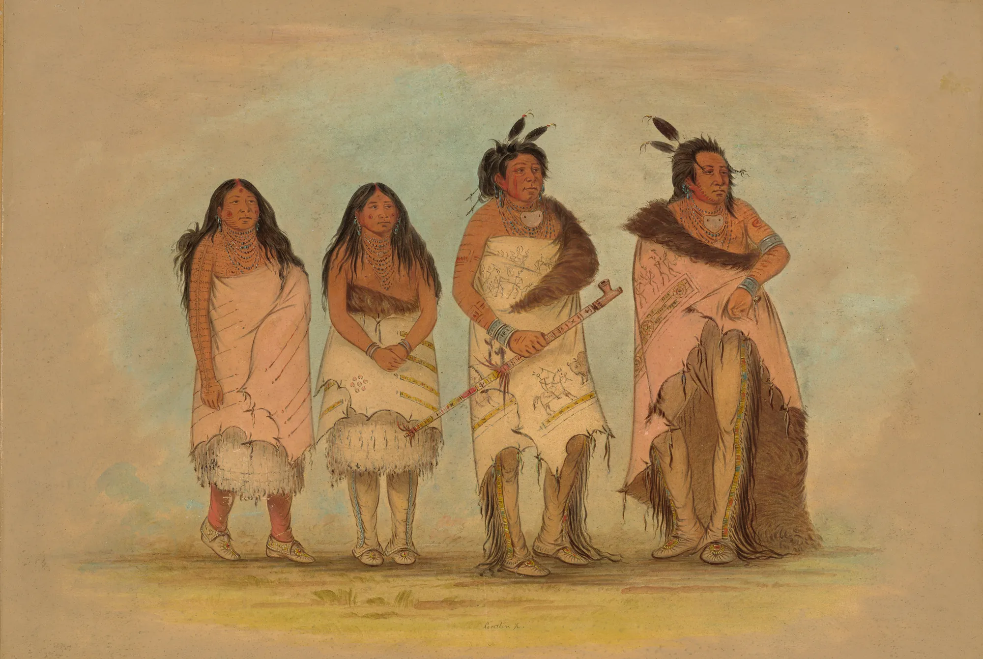 Pawnee Pict Chief, Two Daughters, and a Warrior Pawnee Pict Chief, Two Daughters, and a Warrior by George Catlin. A group portrait of four Pawnee Pict individuals standing in a line against an atmospheric, neutral sky and ground.