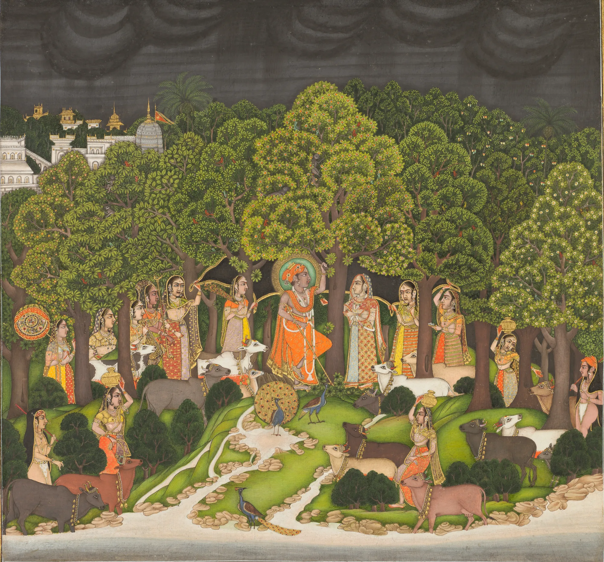 Radha and Krishna Meeting in the Forest During a Storm