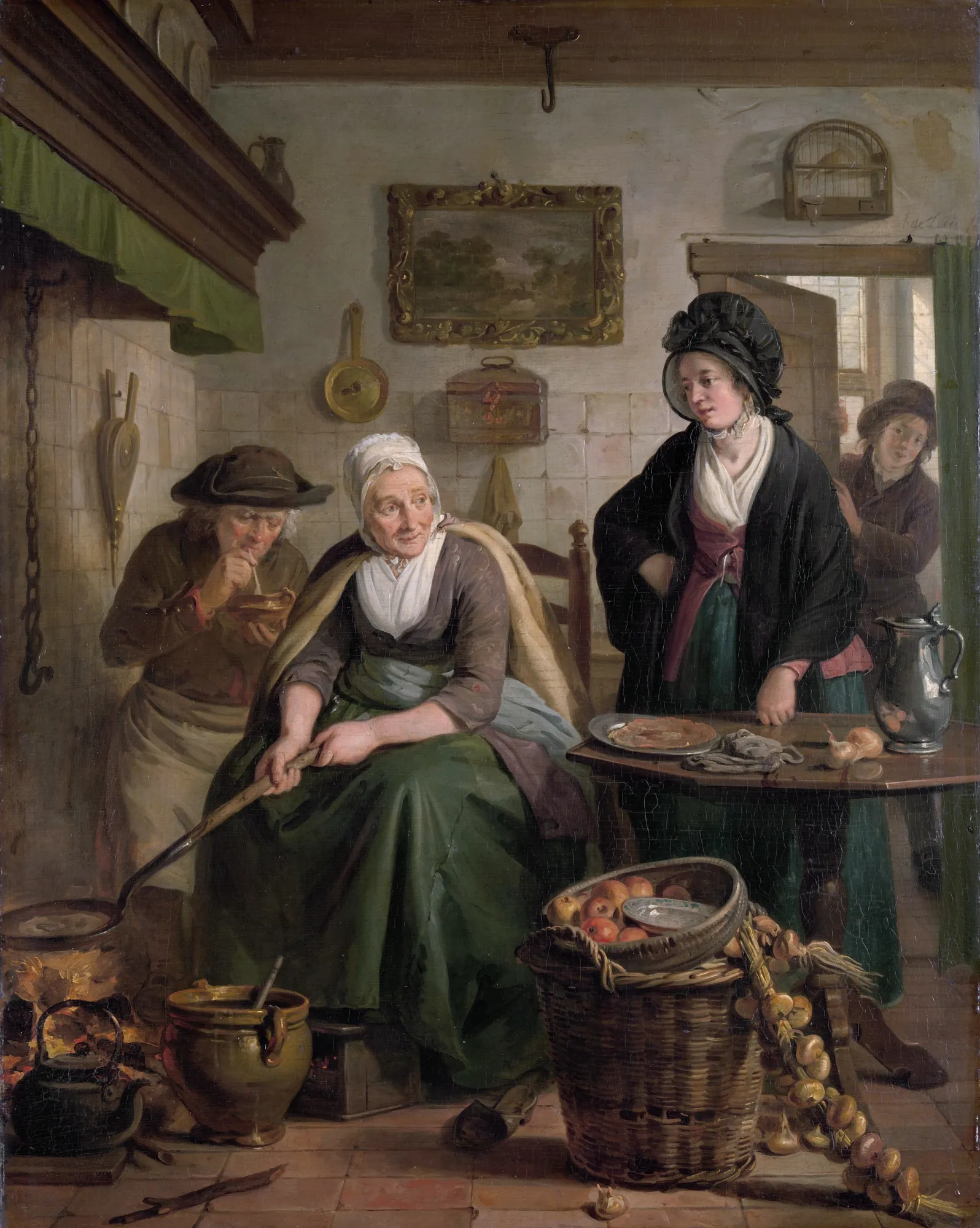 Woman Baking Pancakes Woman Baking Pancakes by Adriaan de Lelie. An elderly woman cooks pancakes over a hearth in a detailed kitchen interior while several figures look on.
