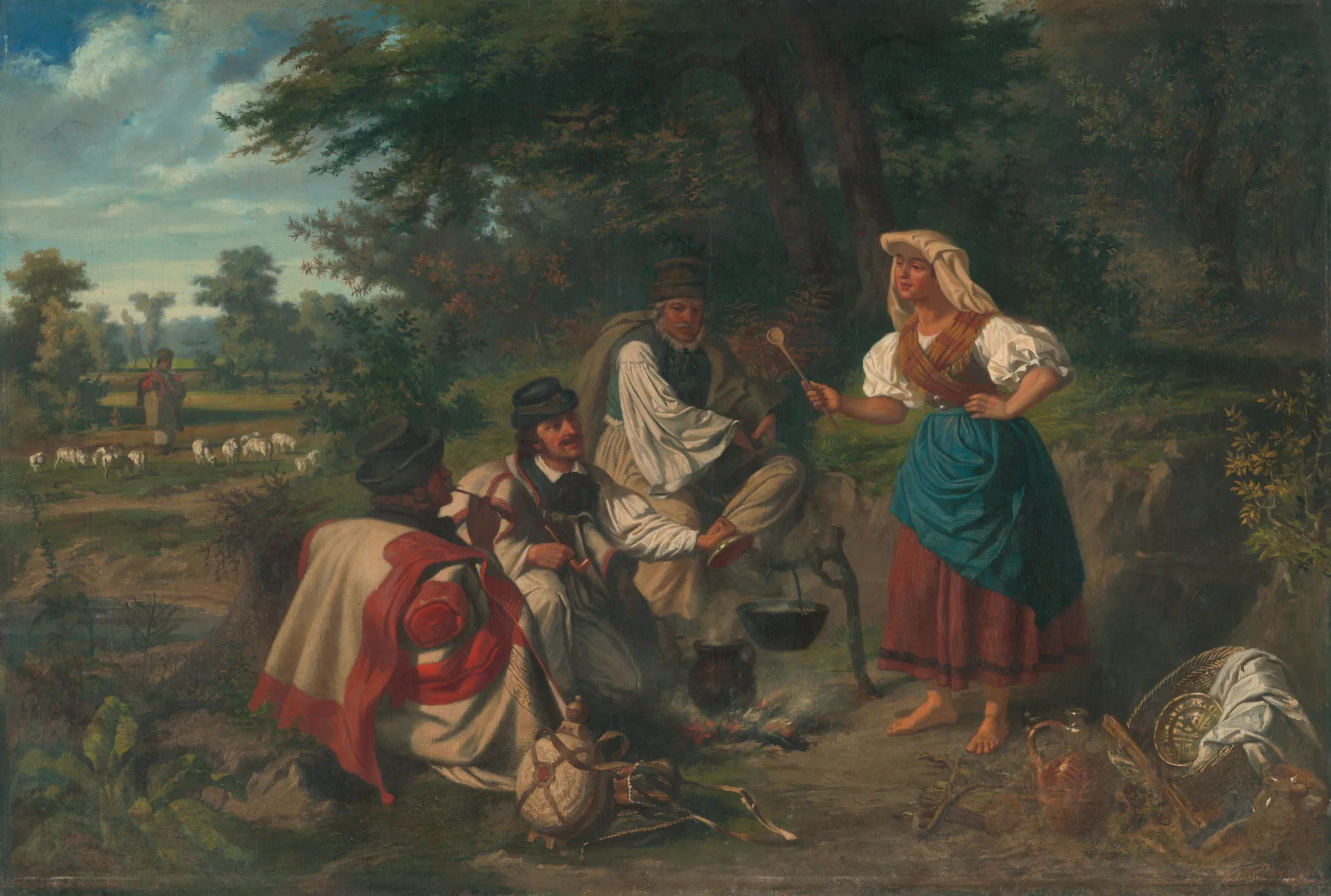 Obed v prírode Obed v prírode by Mihály Szemlér. A group of figures in traditional rural attire are gathered around an outdoor cooking pot in a wooded landscape.