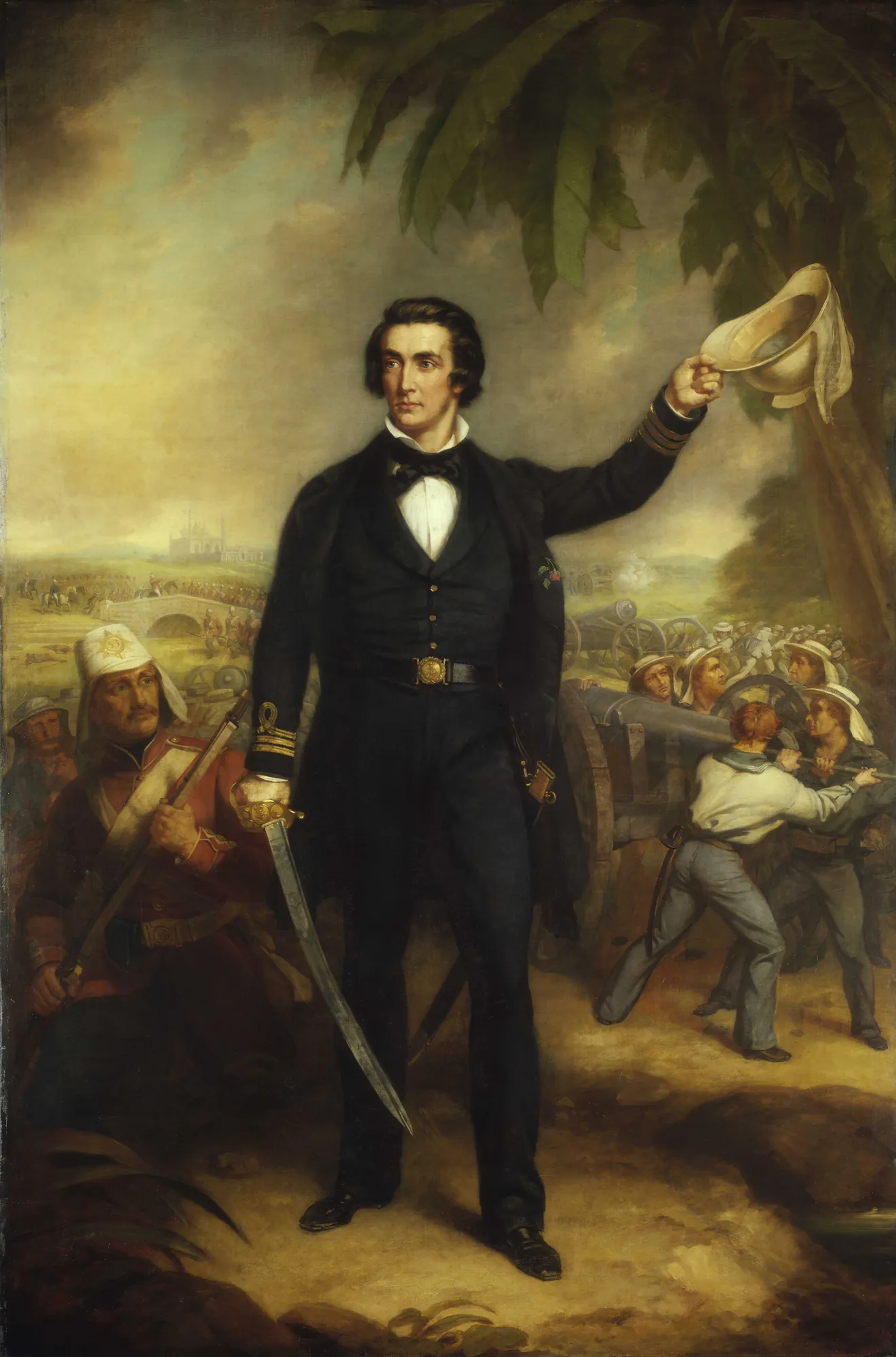 Captain William Peel Captain William Peel by John Lucas. A heroic, full-length portrait of a naval officer in uniform, standing with a sword in one hand and his hat raised in the other, set against a battlefield with soldiers and cannons.