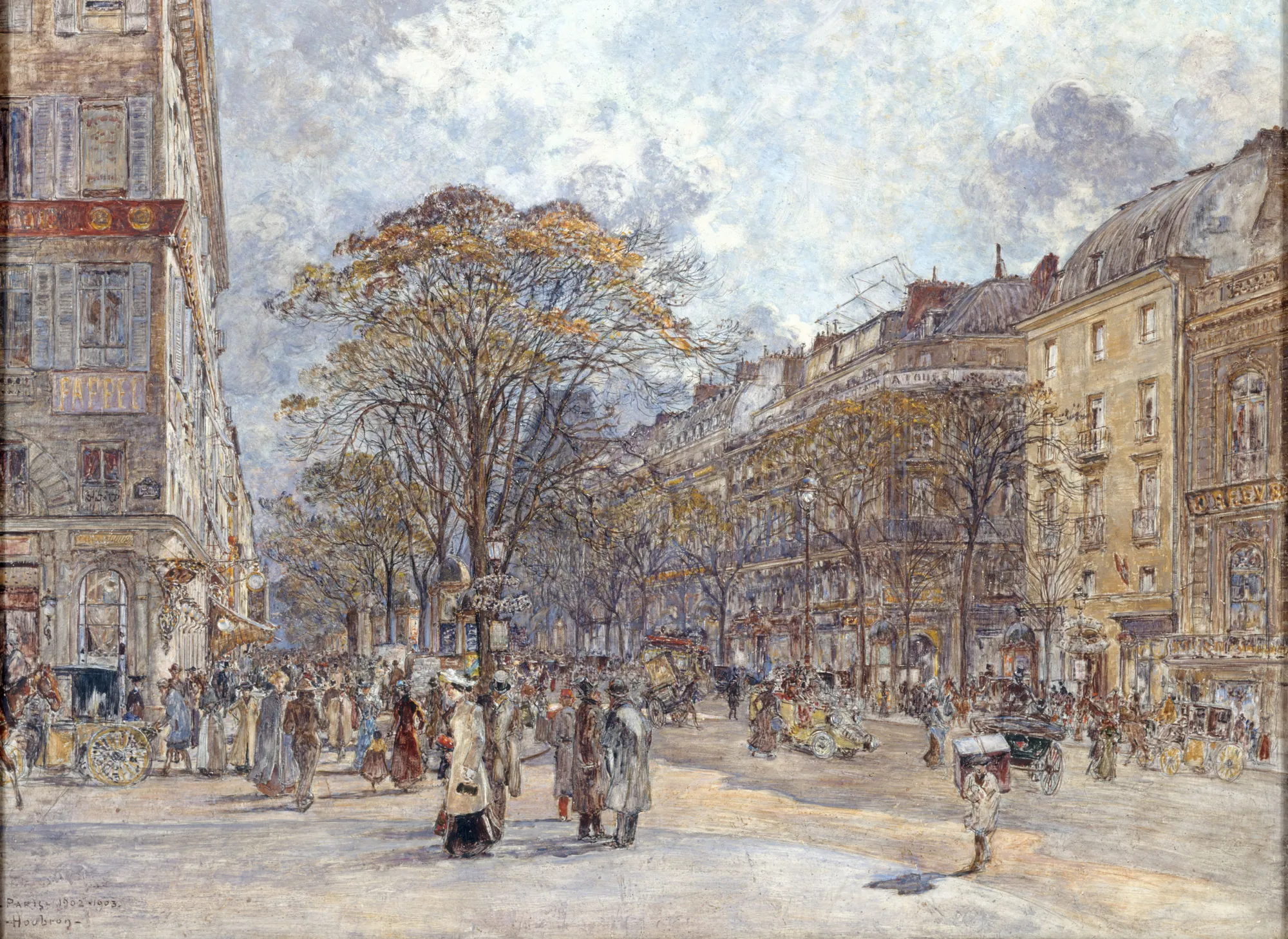 Le boulevard des Italiens, aspect du matin Le boulevard des Italiens, aspect du matin by Frédéric Anatole Houbron. A lively Parisian street scene featuring pedestrians, horse-drawn carriages, and motorcars under a bright sky with autumn trees.