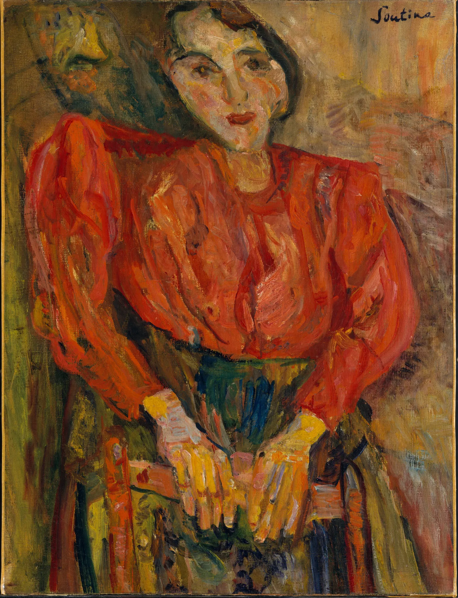 Woman in Red Blouse Woman in Red Blouse by Chaïm Soutine. A seated woman with dark hair and a pale face, wearing a voluminous, bright red blouse and a dark skirt, painted with expressive, swirling brushstrokes.