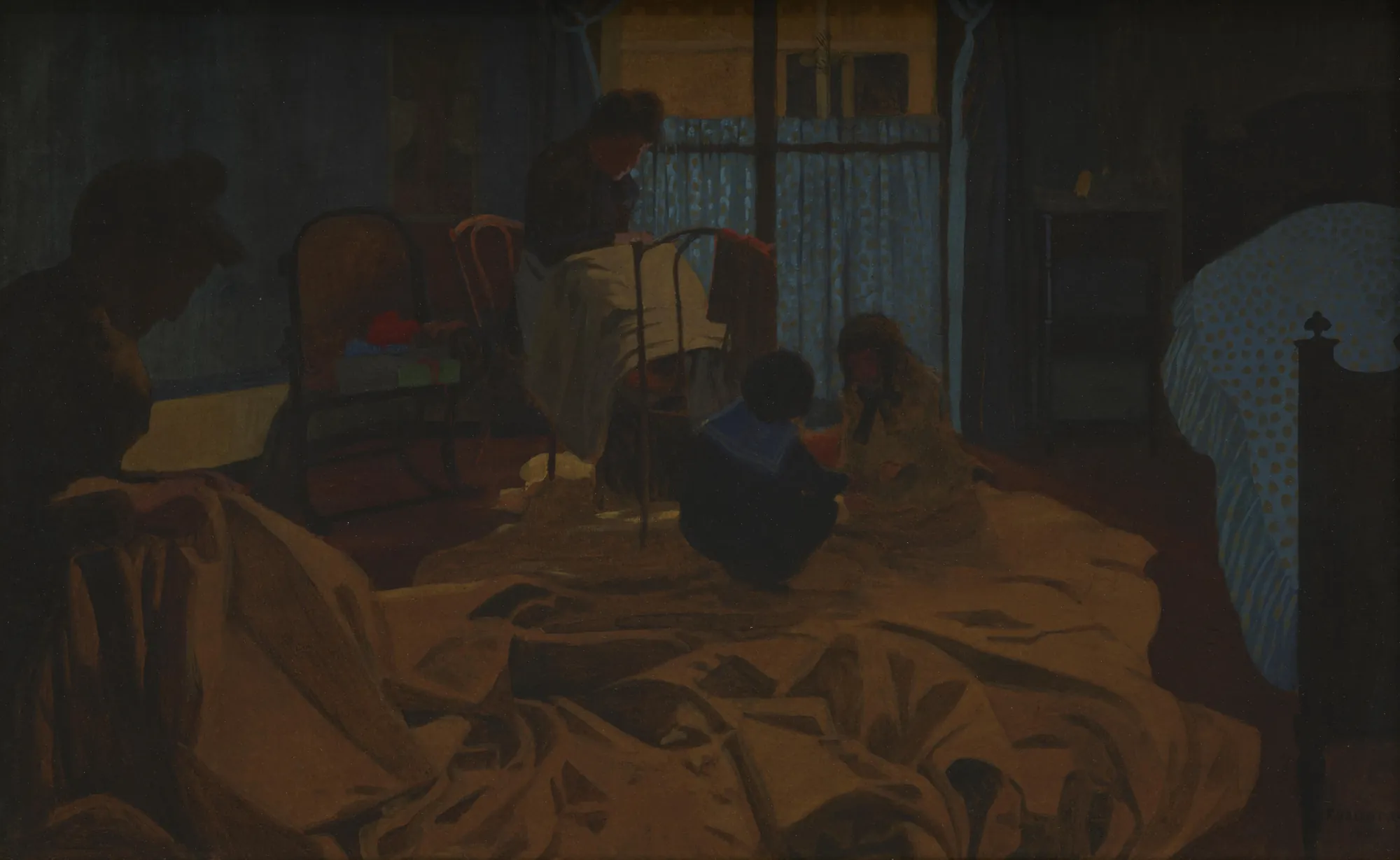 The Laundress, Blue Room The Laundress, Blue Room by Félix Vallotton. An interior scene in a dim, blue-toned room showing several figures engaged with large piles of laundry on the floor.