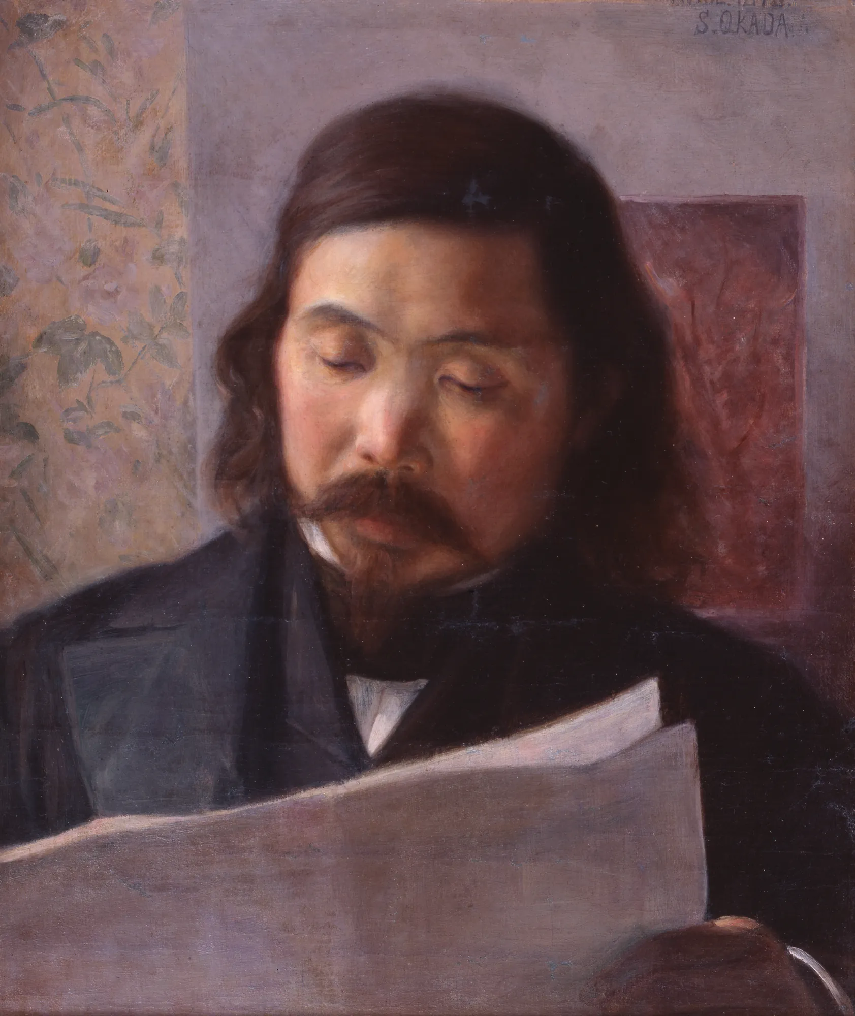 Portrait of Jiro Okabe Portrait of Jiro Okabe by Okada Saburosuke. A close-up oil portrait of a man with long dark hair and a mustache, focused on reading a paper held in his hands.