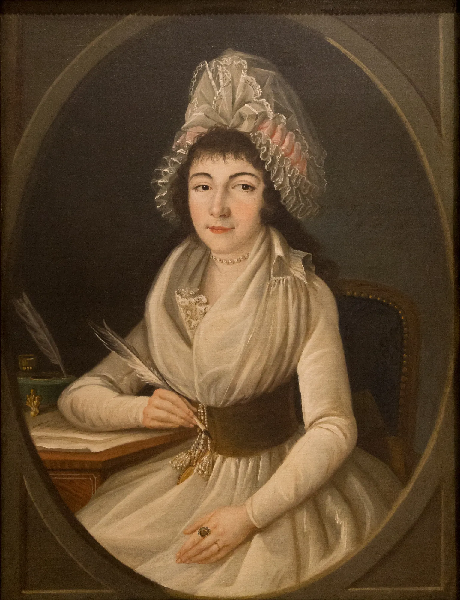Margaret Sutherland Margaret Sutherland by François Beaucourt. A late 18th-century portrait of a woman seated at a desk with a quill pen, wearing an elaborate lace bonnet and a white dress.