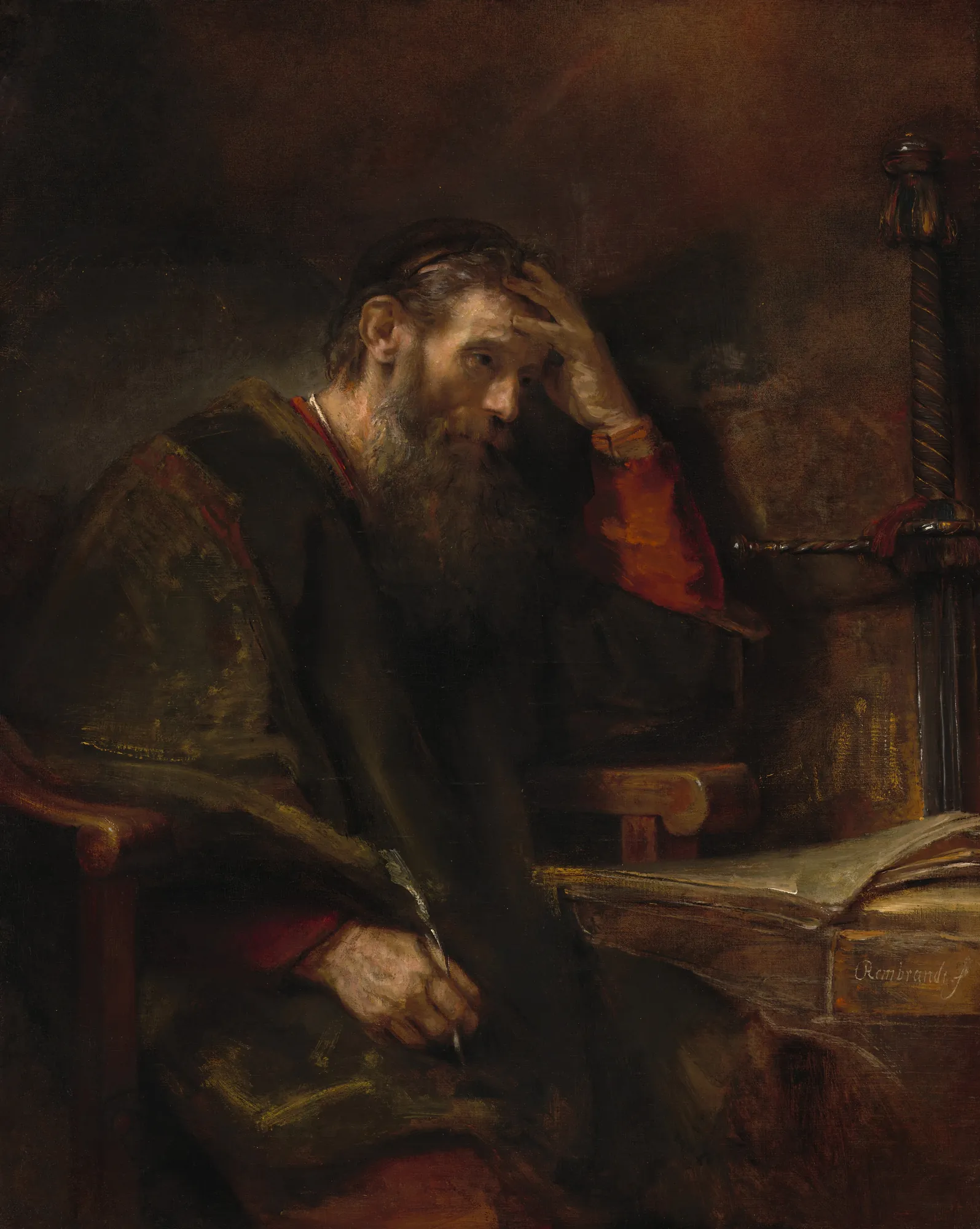 The Apostle Paul The Apostle Paul by Rembrandt. An elderly bearded man in dark robes sits in a pensive pose with his hand to his forehead, next to a large open book and a sword.