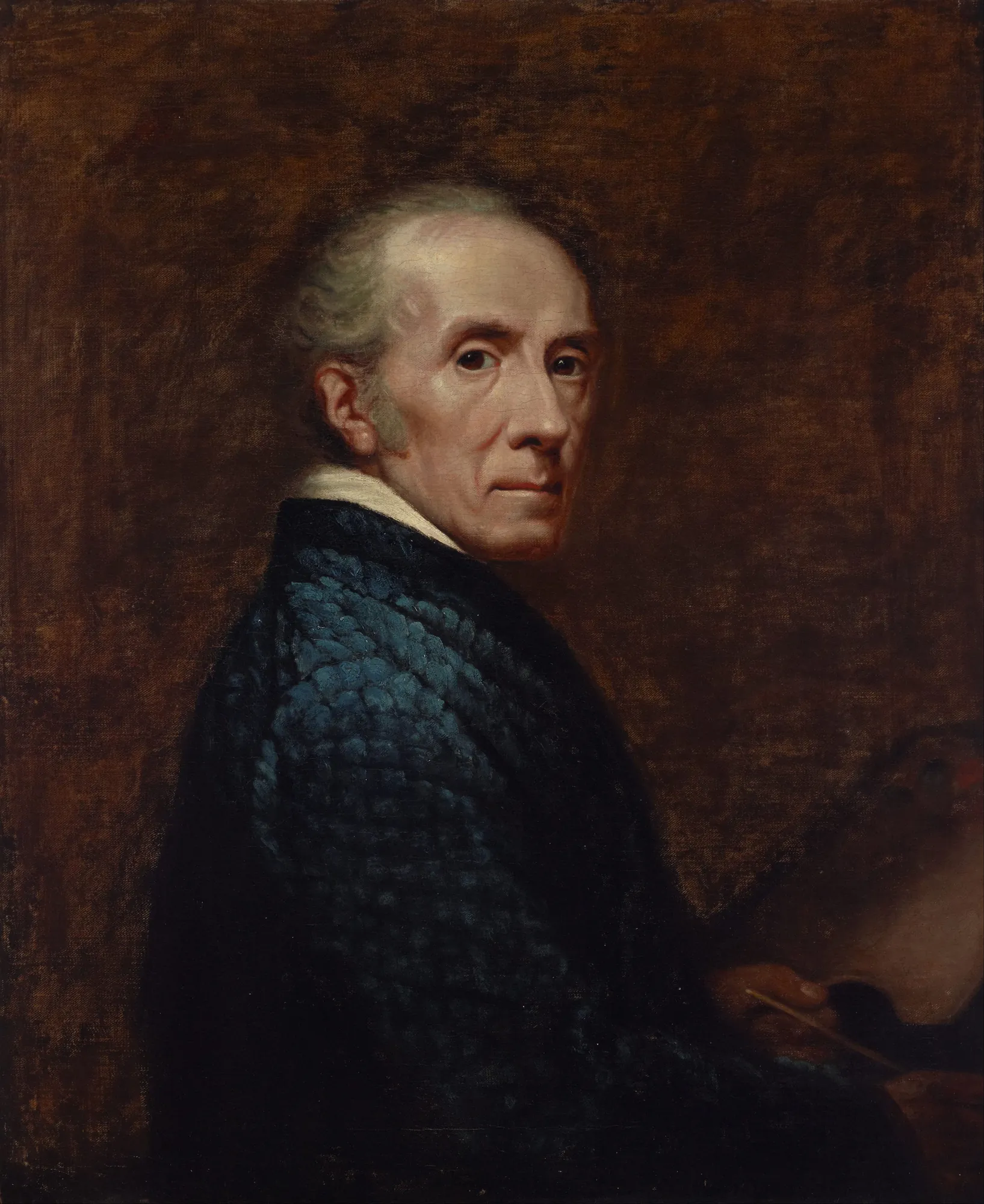 Self-Portrait Self-Portrait by James Northcote. An oil painting of an older man with white hair, wearing a dark blue-black textured jacket and holding an artist's palette and brush.