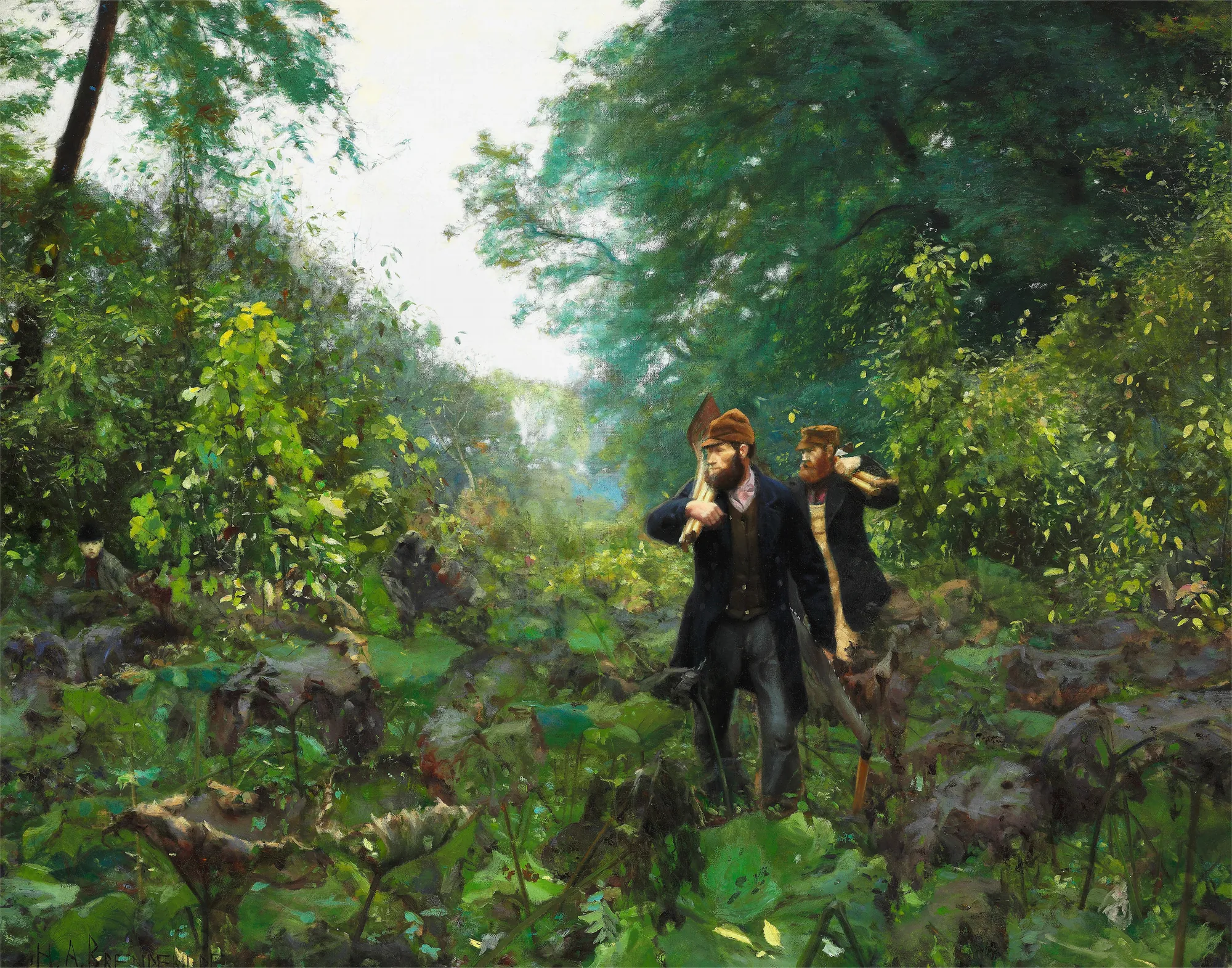 On Forbidden Roads On Forbidden Roads by H. A. Brendekilde. Two bearded men in dark coats and caps walk through a dense, lush green forest carrying tools.