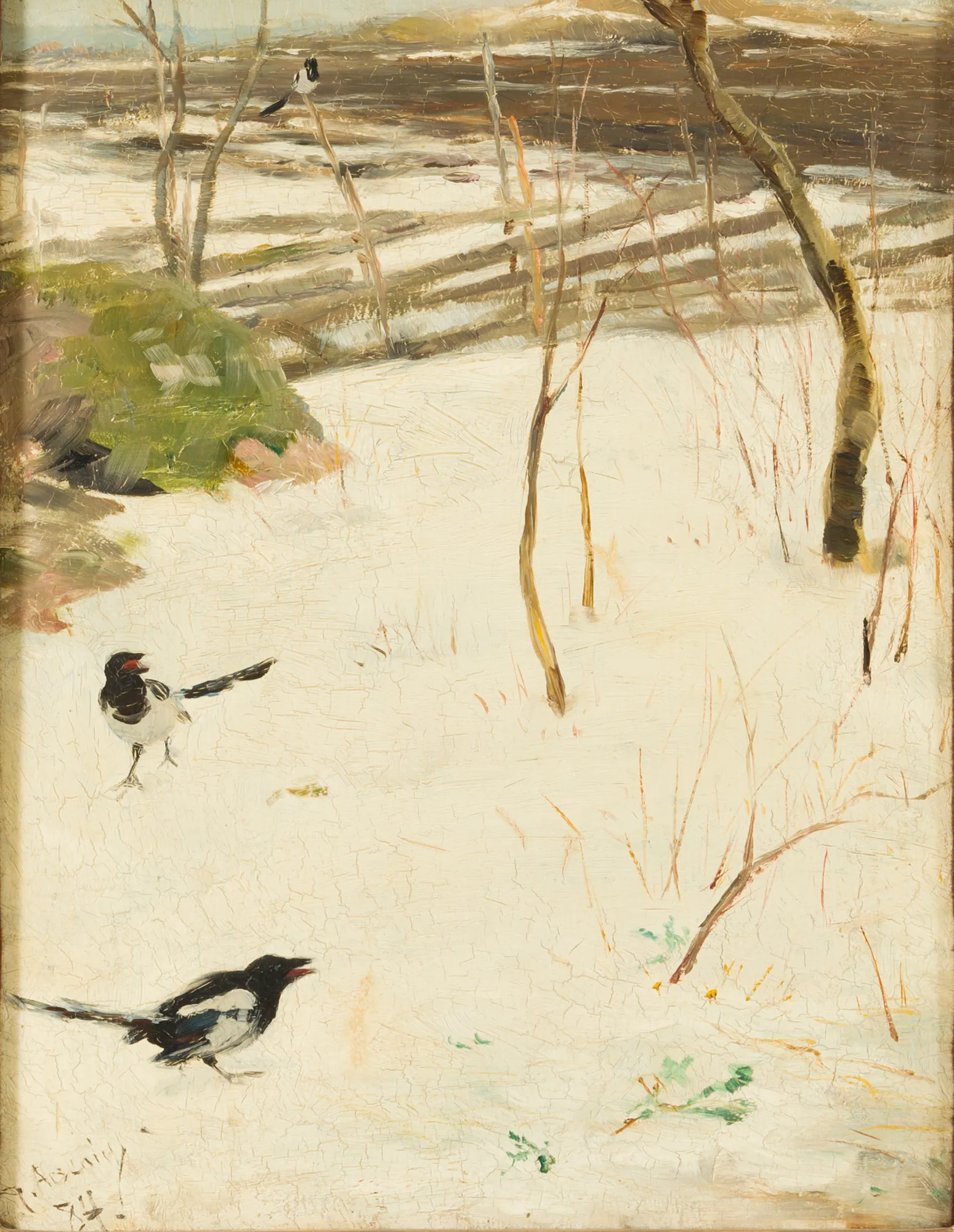 Winter Landscape with Magpies Winter Landscape with Magpies by Karl Georg Arsenius. Two magpies foraging in a snowy field with a wooden fence and sparse trees in the background.
