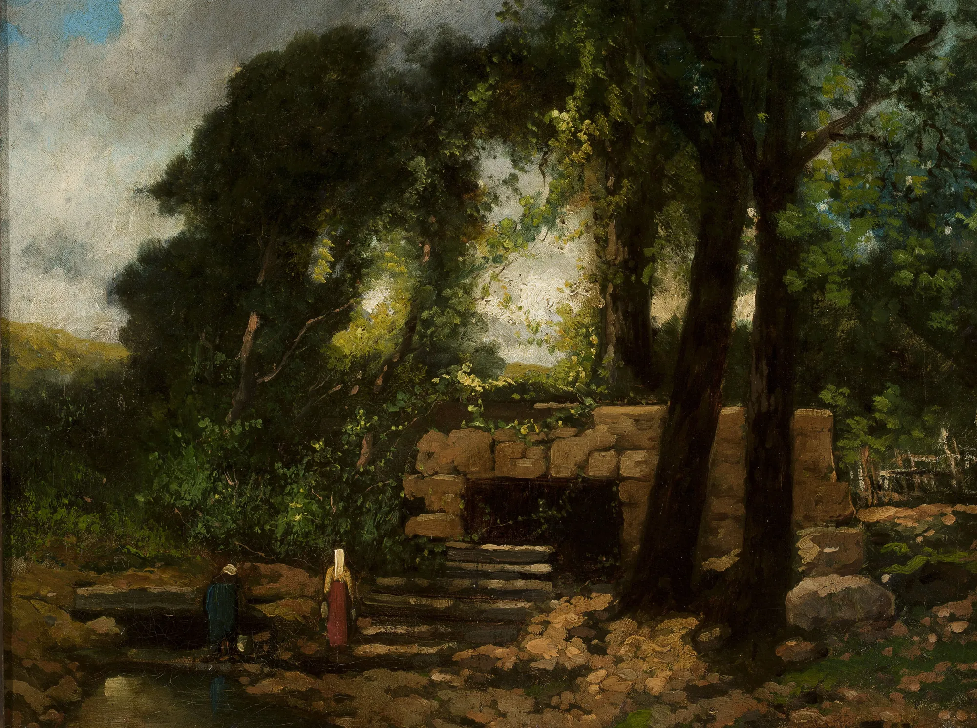 Landscape with Ruins Landscape with Ruins by Narcisse Virgilio Díaz. A wooded landscape featuring a stone ruin with a dark entrance, two small figures near a stream, and tall, dark trees against a cloudy sky.