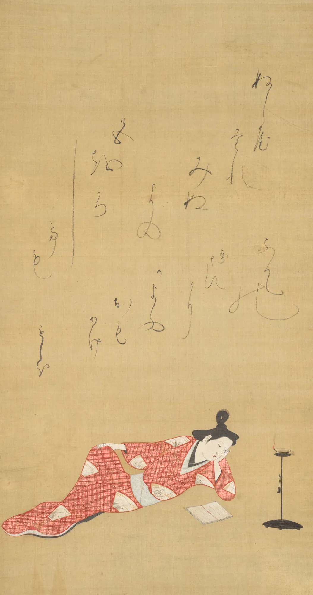 The Courtesan Moshio Reading a Book The Courtesan Moshio Reading a Book by Unknown Artist. A woman in a patterned red kimono reclines on the floor reading a book, set against a backdrop of flowing Japanese calligraphy.