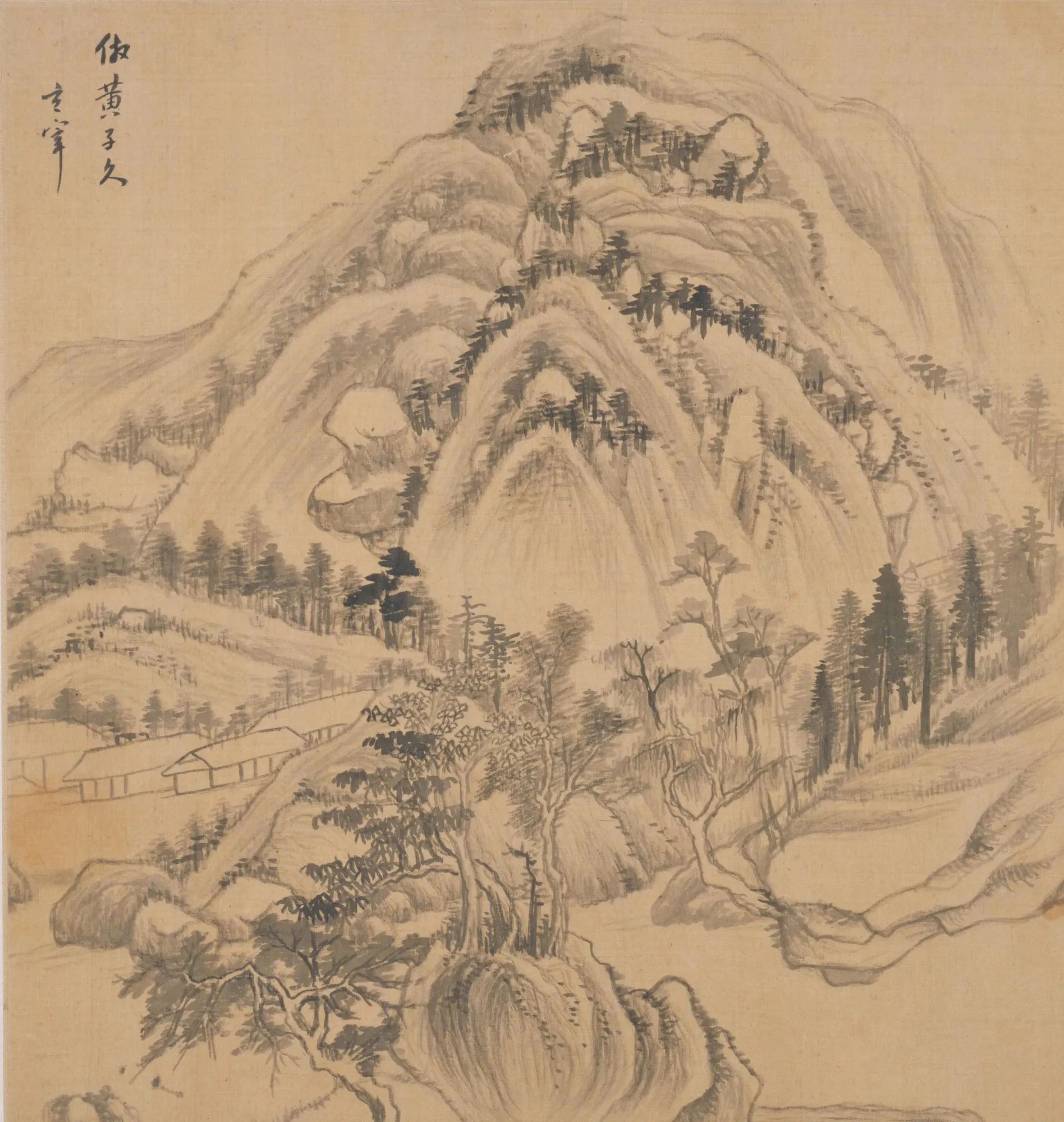 Landscape after Ancient Masters Landscape after Ancient Masters by Dong Qichang. A classic Chinese ink-and-wash landscape on silk featuring a large rounded mountain peak, dense groves of pine trees, and small rustic dwellings in a valley.