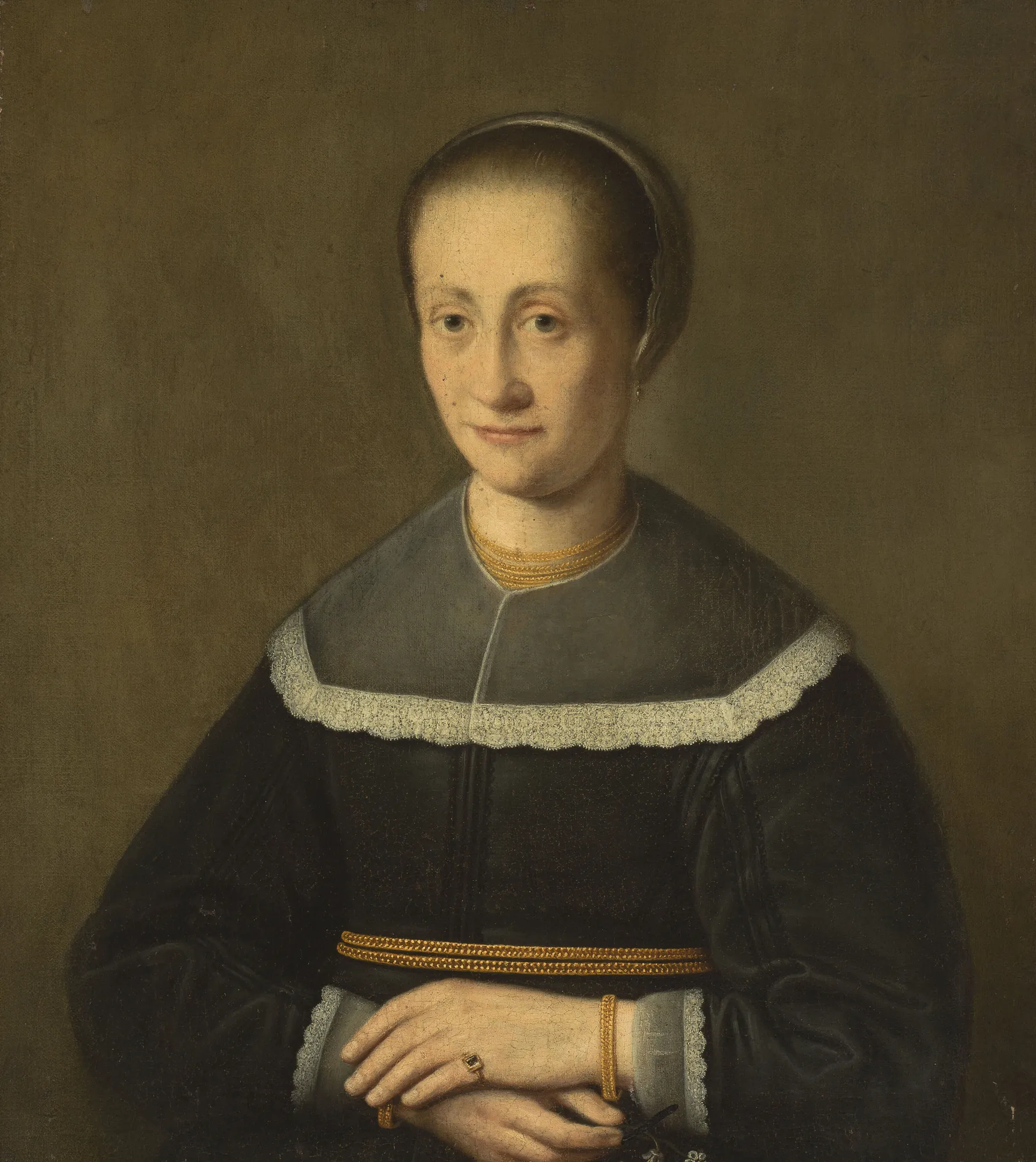 Portrait of Elżbieta Kazanowska Portrait of Elżbieta Kazanowska by Peter Danckerts de Rij. A half-length portrait of a woman in 17th-century black attire with a large lace collar and gold chains.