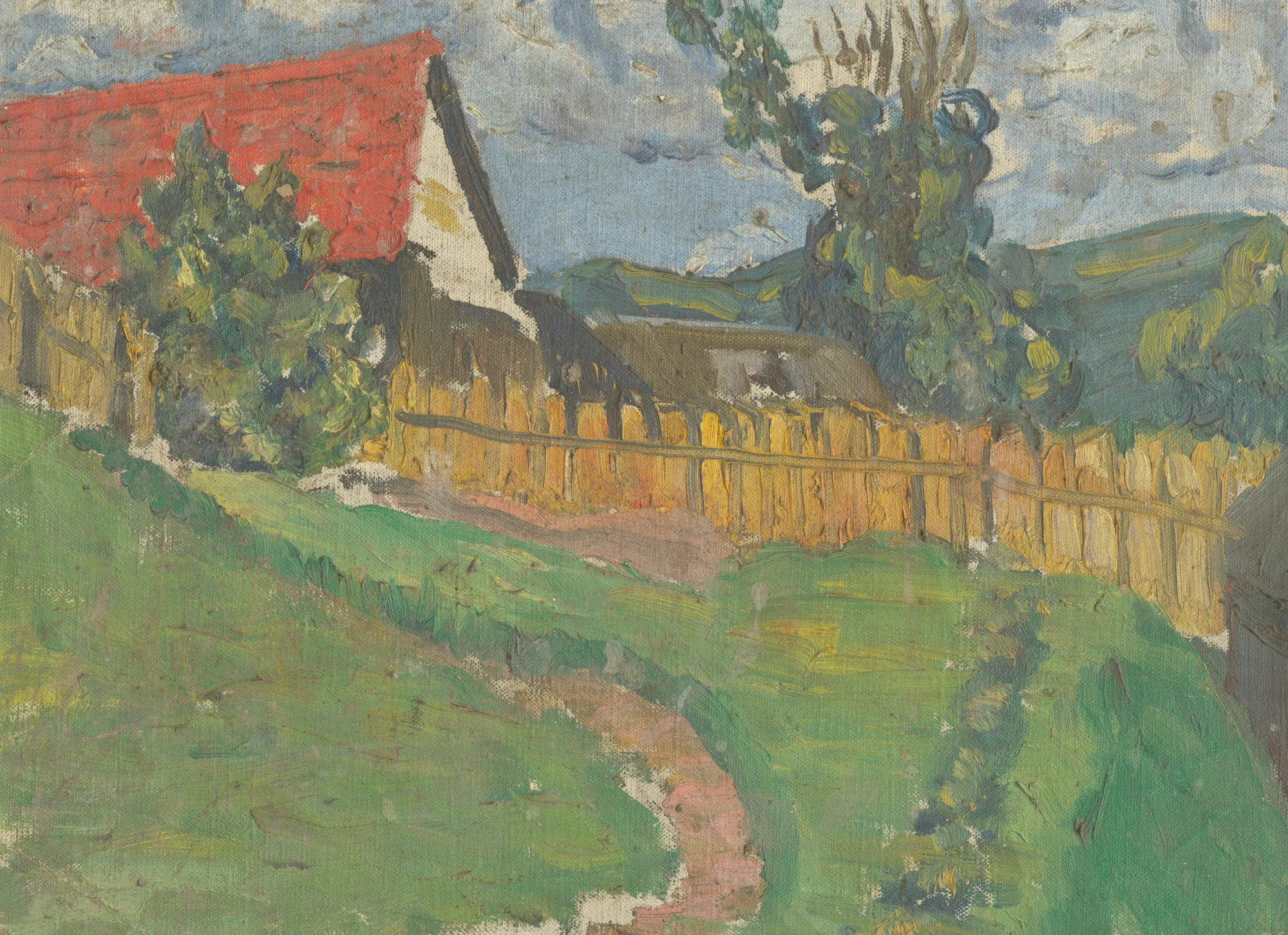Study of a Landscape with a House Study of a Landscape with a House by Frida Konstantin. An expressive oil painting of a countryside cottage with a bright red roof and a winding path through a grassy yard.