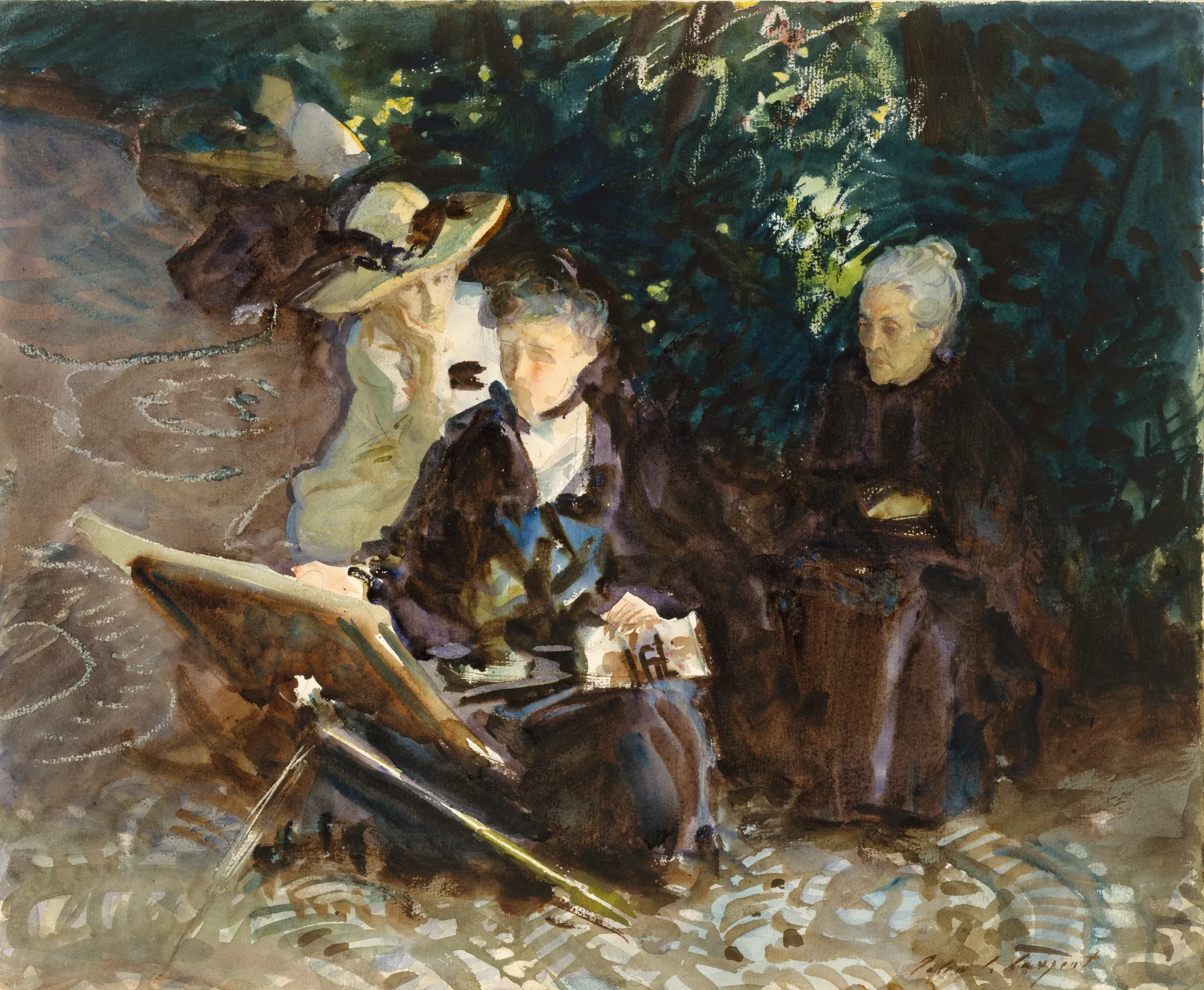 In the Generalife In the Generalife by John Singer Sargent. Three figures are seated in a lush, sun-dappled garden, with one woman focused on a sketch at her easel while others sit in quiet contemplation.