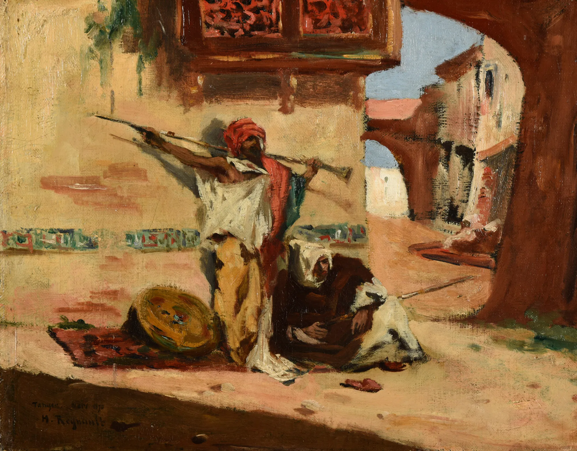 Sentinelle marocaine Sentinelle marocaine by Henri Regnault. An oil study depicting a standing Moroccan sentinel holding a long rifle alongside a seated figure in a sunlit architectural setting.